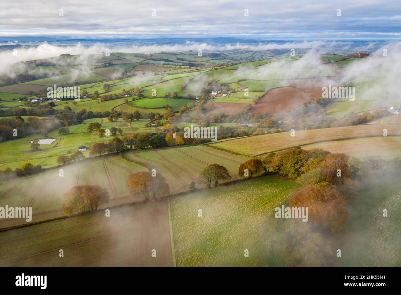 Campagna in una mattinata autunnale nebbiosa vicino a Cadbury, a metà Devon, Inghilterra, Regno Unito, Europa Foto Stock