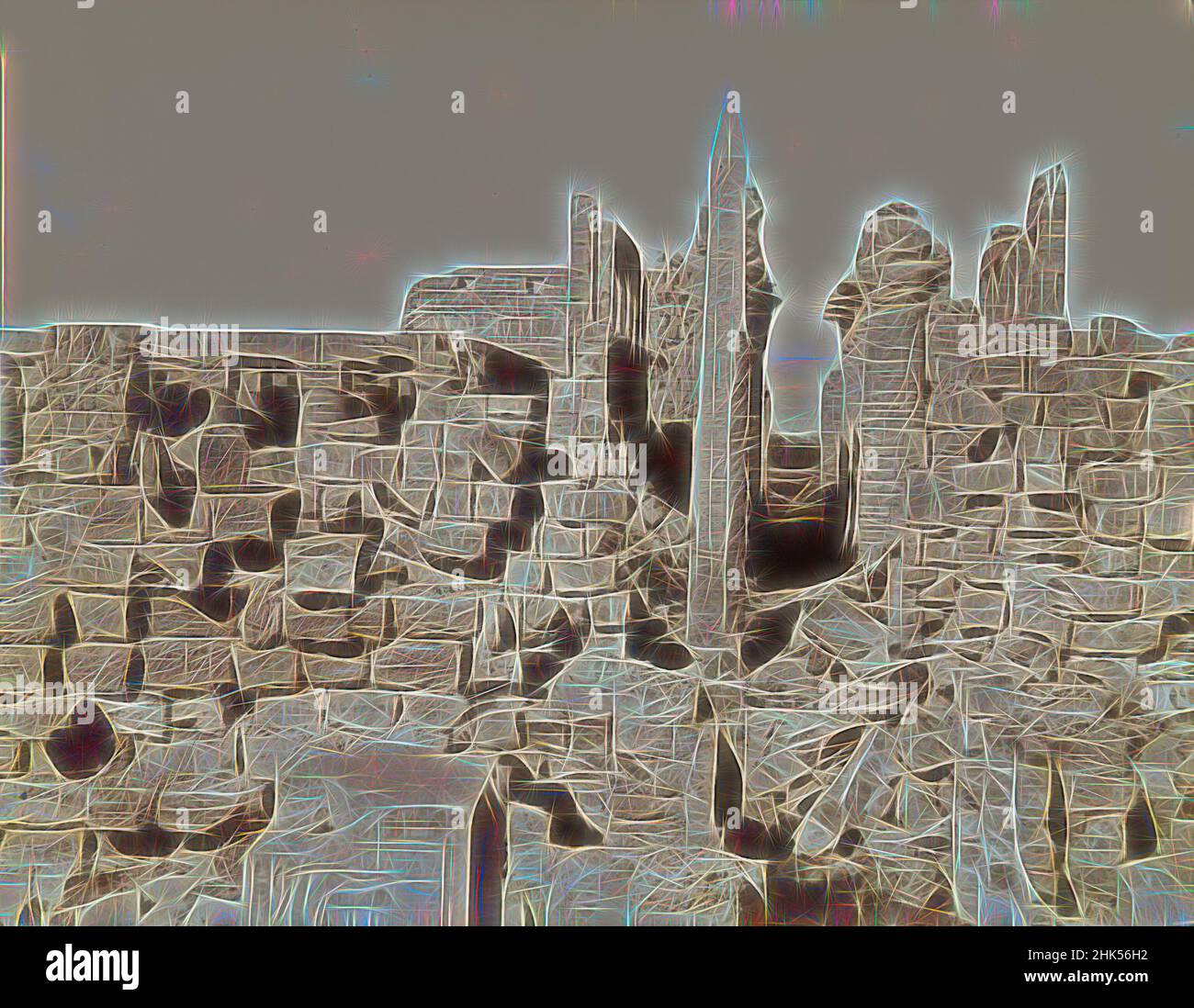 Ispirato da Karnak Vue du Milieu, Antonio Beato, italiano e inglese, ca. 1825-ca.1903, fotografia in argento albume, 19th secolo, immagine/foglio: 10 7/16 x 8 pollici, 26,5 x 20,3 cm, 19th secolo, fotografia in argento albume, Antonio Beato, architettura, Bianco e nero, Dinastia 18, Dinastia 30, Egitto, reinventato da Artotop. L'arte classica reinventata con un tocco moderno. Design di calda e allegra luminosità e di raggi di luce. La fotografia si ispira al surrealismo e al futurismo, abbracciando l'energia dinamica della tecnologia moderna, del movimento, della velocità e rivoluzionando la cultura Foto Stock