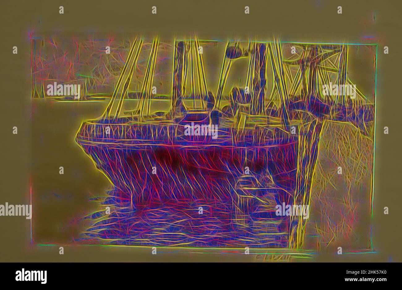 Ispirato dallo Schooner, Charles Adams Platt, americano, 1861-1933, incisione su carta di Wove, 19th secolo, foglio: 10 5/16 x 13 1/2 in., 26,2 x 34,3 cm, barca, navale, riflessione, nave, Reinventato da Artotop. L'arte classica reinventata con un tocco moderno. Design di calda e allegra luminosità e di raggi di luce. La fotografia si ispira al surrealismo e al futurismo, abbracciando l'energia dinamica della tecnologia moderna, del movimento, della velocità e rivoluzionando la cultura Foto Stock