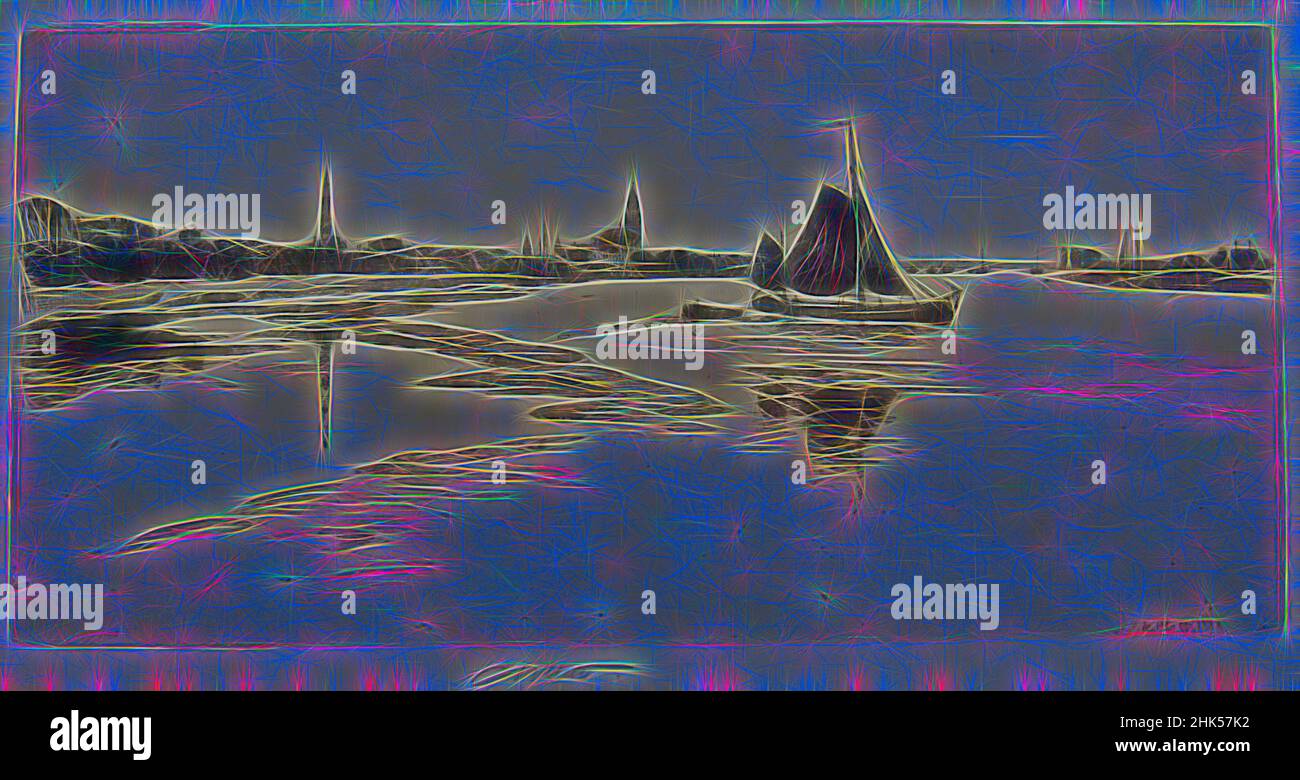 Ispirato da Arnheim, Charles Adams Platt, americano, 1861-1933, etching su pesante, Carta giapponese fabbricata a macchina, 1888, foglio: 17 13/16 x 27 1/16 pollici, 45,2 x 68,7 cm, paesaggio, bassa marea, barca a vela, stagcape, Navi, riva, acqua, reinventato da Artotop. L'arte classica reinventata con un tocco moderno. Design di calda e allegra luminosità e di raggi di luce. La fotografia si ispira al surrealismo e al futurismo, abbracciando l'energia dinamica della tecnologia moderna, del movimento, della velocità e rivoluzionando la cultura Foto Stock