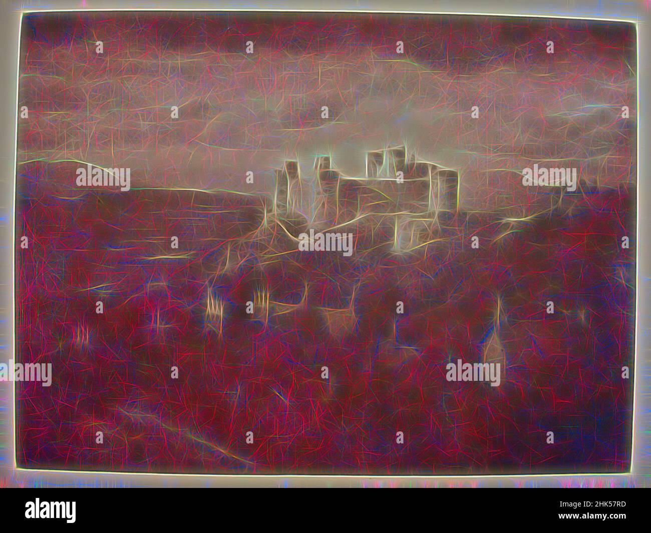 Ispirato da Harlech Castle, George Davison, inglese, 1856-1930, Photocalcure, 1909, immagine: 6 1/8 x 8 1/4 pollici, 15,6 x 21 cm, reinventata da Artotop. L'arte classica reinventata con un tocco moderno. Design di calda e allegra luminosità e di raggi di luce. La fotografia si ispira al surrealismo e al futurismo, abbracciando l'energia dinamica della tecnologia moderna, del movimento, della velocità e rivoluzionando la cultura Foto Stock