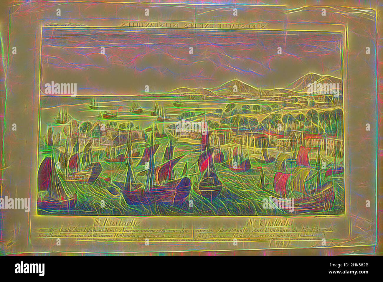 Ispirata a Sant'Eustache, una delle Isole, incisione colorata a mano, 1790, foglio: 12 13/16 x 19 5/16 pollici, 32,5 x 49,1 cm, reinventato da Artotop. L'arte classica reinventata con un tocco moderno. Design di calda e allegra luminosità e di raggi di luce. La fotografia si ispira al surrealismo e al futurismo, abbracciando l'energia dinamica della tecnologia moderna, del movimento, della velocità e rivoluzionando la cultura Foto Stock