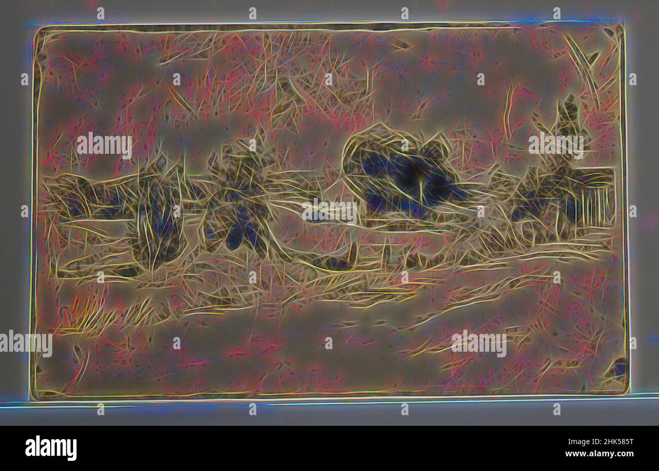Ispirato alla Fattoria, Julian Alden Weir, americano, 1852-1919, incisione su carta straccia, 1889, 2 3/8 x 3 3/4 pollici, 6 x 9,5 cm, reinventato da Artotop. L'arte classica reinventata con un tocco moderno. Design di calda e allegra luminosità e di raggi di luce. La fotografia si ispira al surrealismo e al futurismo, abbracciando l'energia dinamica della tecnologia moderna, del movimento, della velocità e rivoluzionando la cultura Foto Stock