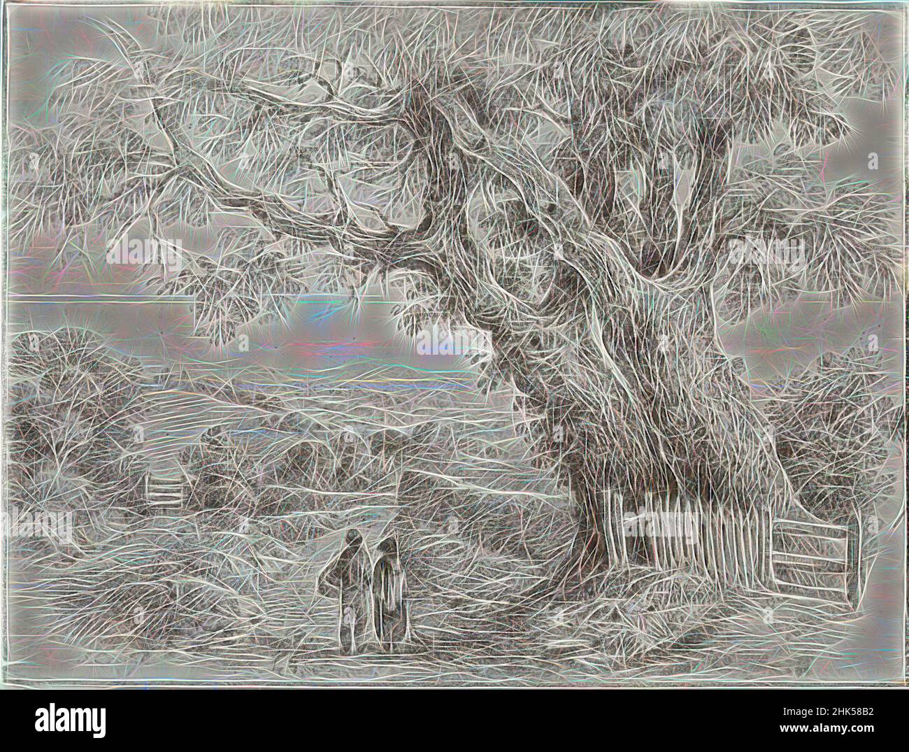 Ispirato da Rustic Landscape, John Crome, britannico, 1768-1821, disegno matita su carta ovata, 5 3/16 x 6 15/16 pollici, 13,2 x 17,7 cm, reinventato da Artotop. L'arte classica reinventata con un tocco moderno. Design di calda e allegra luminosità e di raggi di luce. La fotografia si ispira al surrealismo e al futurismo, abbracciando l'energia dinamica della tecnologia moderna, del movimento, della velocità e rivoluzionando la cultura Foto Stock