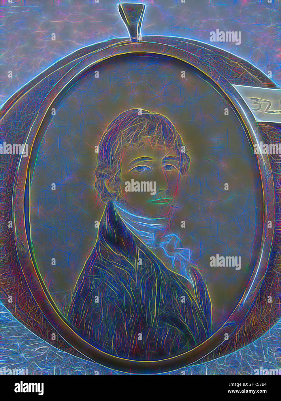 Ispirato da Ritratto di un giovane dopo Richard Cosway, inglese, 1742-1821, acquerello su ritratto avorio in cornice di ottone sotto vetro, n.d., immagine, vista: 3 1/2 x 2 11/16 in., 8,9 x 6,8 cm, ottone, disegno, vetro, avorio, Metallo, miniatura, ritratto, acquerello, reinventato da Artotop. L'arte classica reinventata con un tocco moderno. Design di calda e allegra luminosità e di raggi di luce. La fotografia si ispira al surrealismo e al futurismo, abbracciando l'energia dinamica della tecnologia moderna, del movimento, della velocità e rivoluzionando la cultura Foto Stock