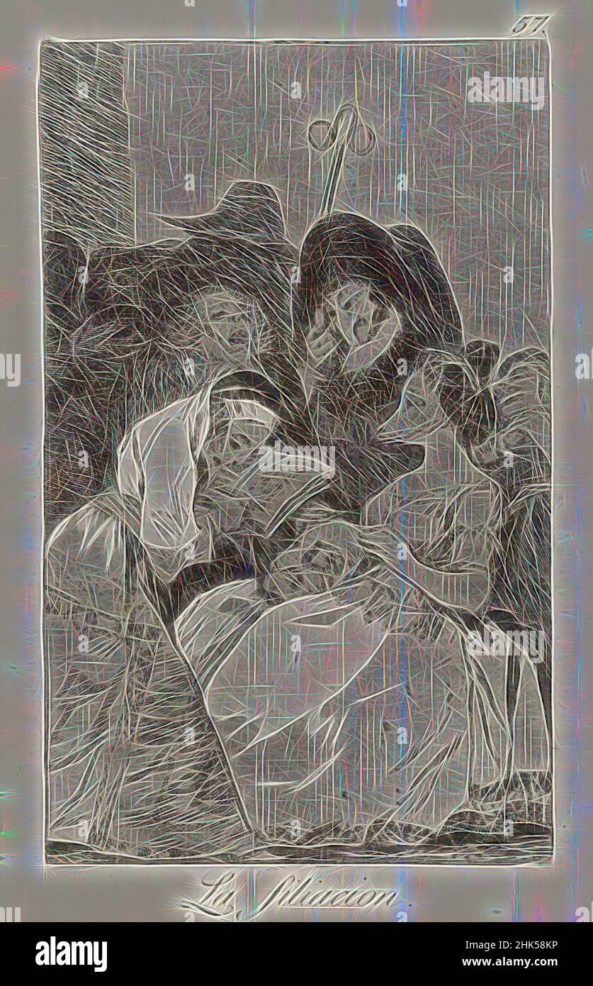 Ispirato alla filiazione, la Filiacion, Los Caprichos, piatto 57, Francisco de Goya y Lucientes, spagnolo, 1746-1828, acquaforte e aquatint su carta laiata, Spagna, 1797-1798, foglio: 11 7/8 x 8 in., 30,2 x 20,3 cm, figure, reinventato da Artotop. L'arte classica reinventata con un tocco moderno. Design di calda e allegra luminosità e di raggi di luce. La fotografia si ispira al surrealismo e al futurismo, abbracciando l'energia dinamica della tecnologia moderna, del movimento, della velocità e rivoluzionando la cultura Foto Stock