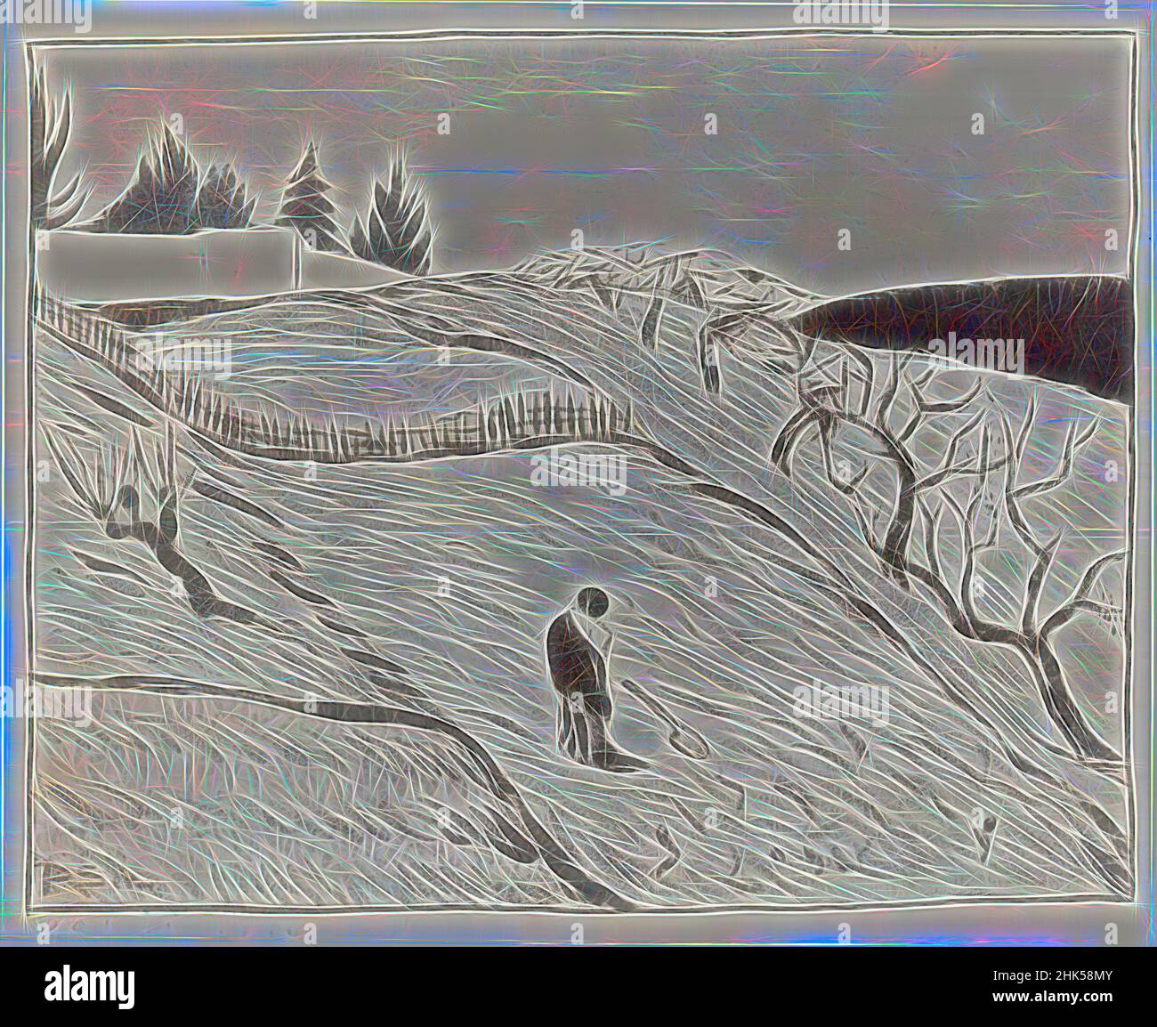 Ispirato da Paysage, Paul Sérusier, francese, 1863-1927, litografia su carta, 1893, immagine: 9 x 11 13/16 pollici, 22,9 x 30 cm, reinventata da Artotop. L'arte classica reinventata con un tocco moderno. Design di calda e allegra luminosità e di raggi di luce. La fotografia si ispira al surrealismo e al futurismo, abbracciando l'energia dinamica della tecnologia moderna, del movimento, della velocità e rivoluzionando la cultura Foto Stock