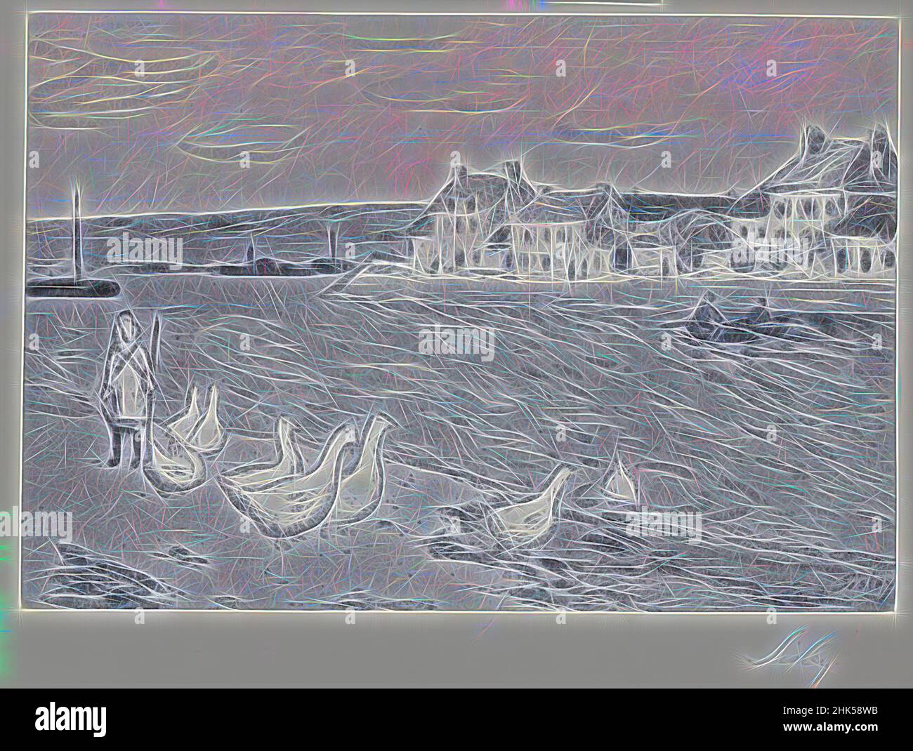 Ispirato da Bords de Riviere, o Les Oies, Alfred Sisley, britannico, Francia attiva, 1839-1899, litografia su carta, 1897, 8 3/8 x 12 5/8 pollici, 21,2 x 32 cm, uccelli, barche, oche, case, fiume, reinventato da Artotop. L'arte classica reinventata con un tocco moderno. Design di calda e allegra luminosità e di raggi di luce. La fotografia si ispira al surrealismo e al futurismo, abbracciando l'energia dinamica della tecnologia moderna, del movimento, della velocità e rivoluzionando la cultura Foto Stock