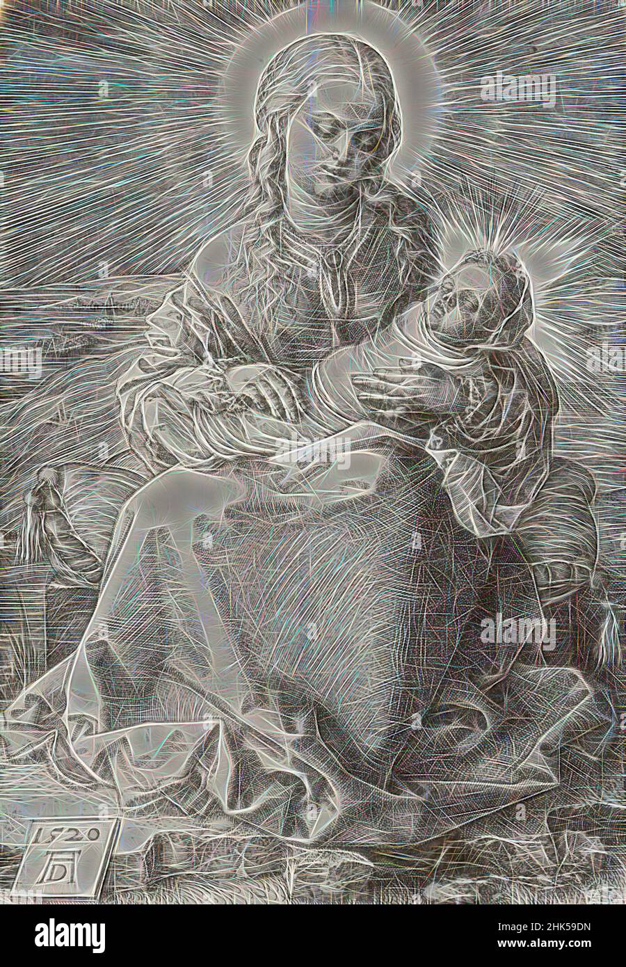 Ispirati dalla Vergine con il Salvatore infantile in abiti ondolanti, Albrecht Dürer, tedesco, 1471-1528, incisione su carta stampata, 1520, 5 5/8 x 3 7/8 pollici, 14,3 x 9,8 cm, reinventato da Artotop. L'arte classica reinventata con un tocco moderno. Design di calda e allegra luminosità e di raggi di luce. La fotografia si ispira al surrealismo e al futurismo, abbracciando l'energia dinamica della tecnologia moderna, del movimento, della velocità e rivoluzionando la cultura Foto Stock
