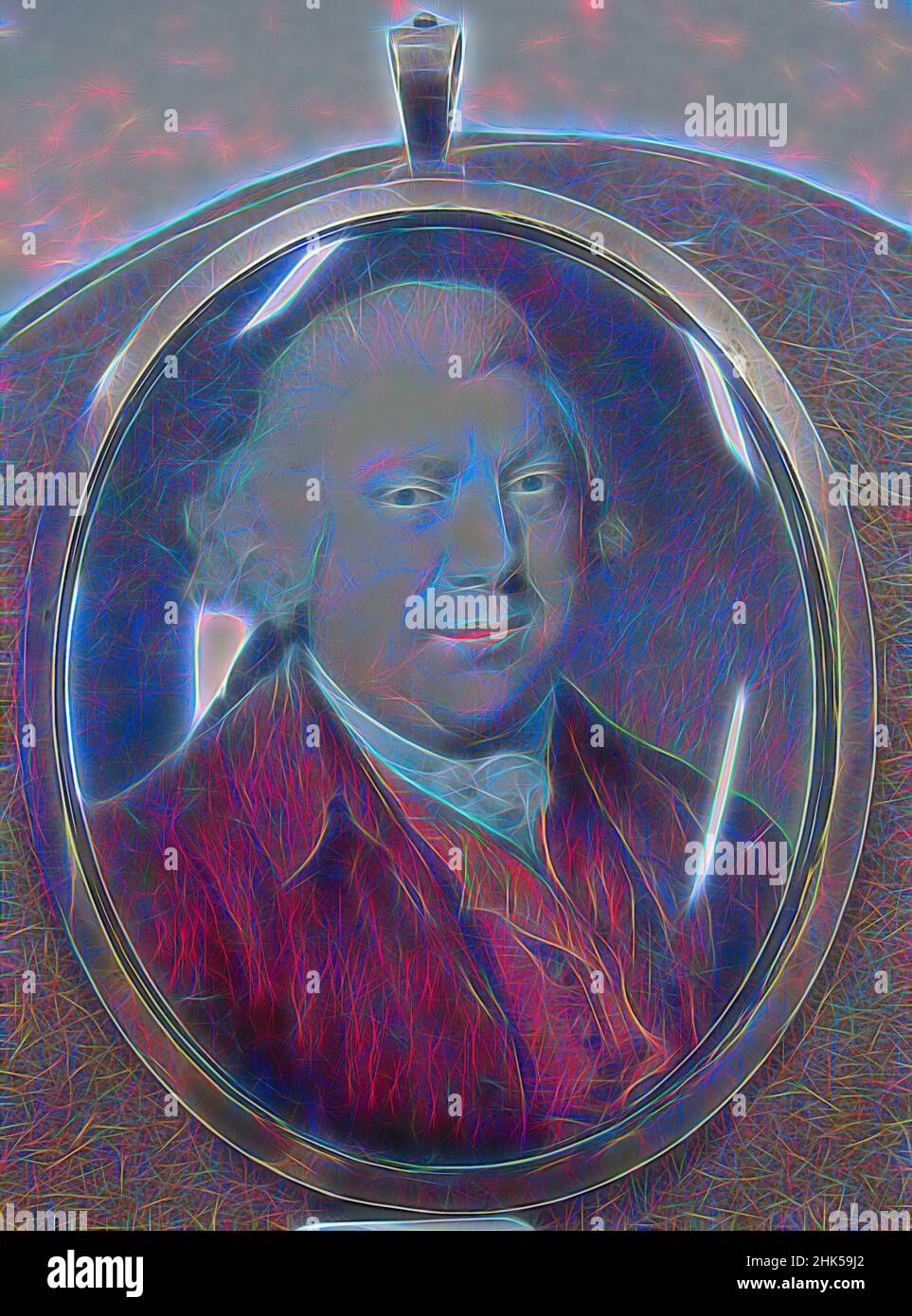 Ispirato da Ritratto di Sir Richard Arkwright, acquerello su ritratto in avorio in metallo con lente di vetro, Inghilterra, n.d., immagine, vista: 2 3/4 x 2 3/16 pollici, 7 x 5,6 cm, reinventato da Artotop. L'arte classica reinventata con un tocco moderno. Design di calda e allegra luminosità e di raggi di luce. La fotografia si ispira al surrealismo e al futurismo, abbracciando l'energia dinamica della tecnologia moderna, del movimento, della velocità e rivoluzionando la cultura Foto Stock