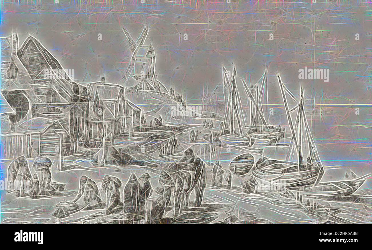 Ispirato da Harbour Scene con mulino a vento, attribuito a Jan Brueghel, inchiostro marrone, inchiostro nero e lavaggio su carta, 6 3/4 x 11 1/8 pollici, 17,1 x 28,3 cm, reinventato da Artotop. L'arte classica reinventata con un tocco moderno. Design di calda e allegra luminosità e di raggi di luce. La fotografia si ispira al surrealismo e al futurismo, abbracciando l'energia dinamica della tecnologia moderna, del movimento, della velocità e rivoluzionando la cultura Foto Stock