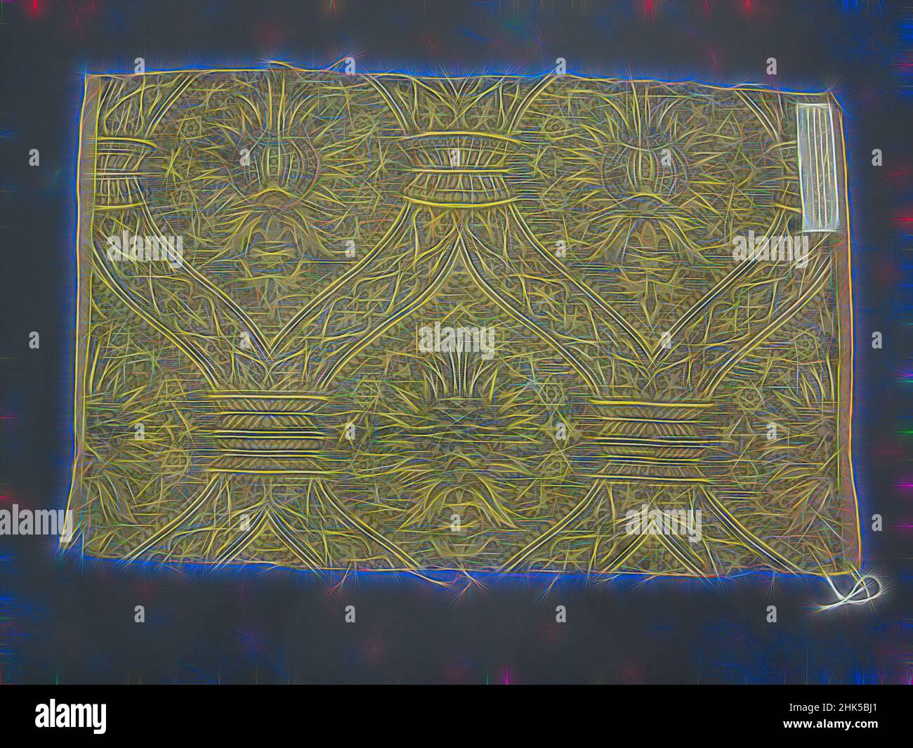 Ispirato a Tan Block Print Textile, Linen, 16th Century, 21 7/8 x 14 9/16 in., 55,5 x 37 cm, Reimagined by Artotop. L'arte classica reinventata con un tocco moderno. Design di calda e allegra luminosità e di raggi di luce. La fotografia si ispira al surrealismo e al futurismo, abbracciando l'energia dinamica della tecnologia moderna, del movimento, della velocità e rivoluzionando la cultura Foto Stock