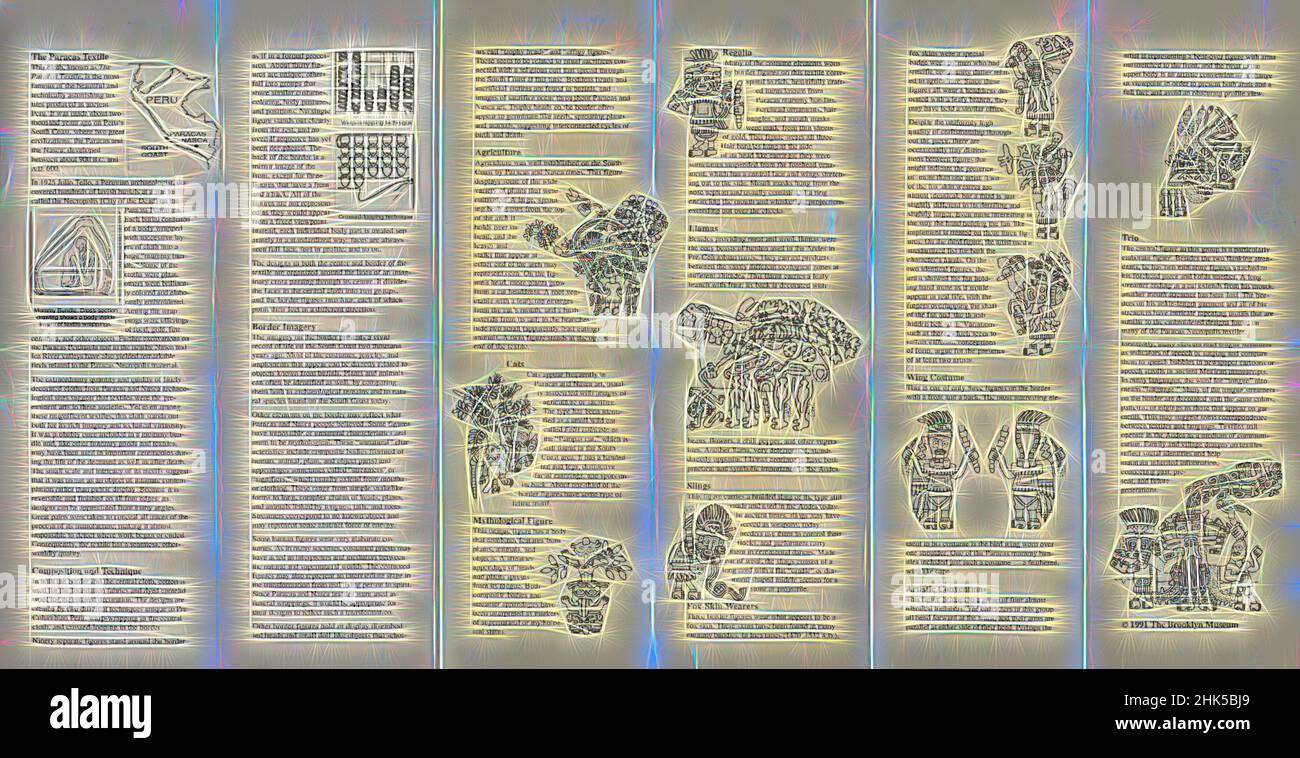 Ispirato al mantello, 'il tessuto Paracas', Nazca, cotone, fibra camelide, 100-300 C.E., periodo intermedio iniziale, 24 5/8 x 58 11/16 in., 62,5 x 149 cm, post-vita, cerimonia, mais, morte, decapitato, tessuto, funerario, dei, oro, sacrificio umano, cicli di vita, mais, mantello, mummia, Needlework, Paracas, reinventato da Artotop. L'arte classica reinventata con un tocco moderno. Design di calda e allegra luminosità e di raggi di luce. La fotografia si ispira al surrealismo e al futurismo, abbracciando l'energia dinamica della tecnologia moderna, del movimento, della velocità e rivoluzionando la cultura Foto Stock