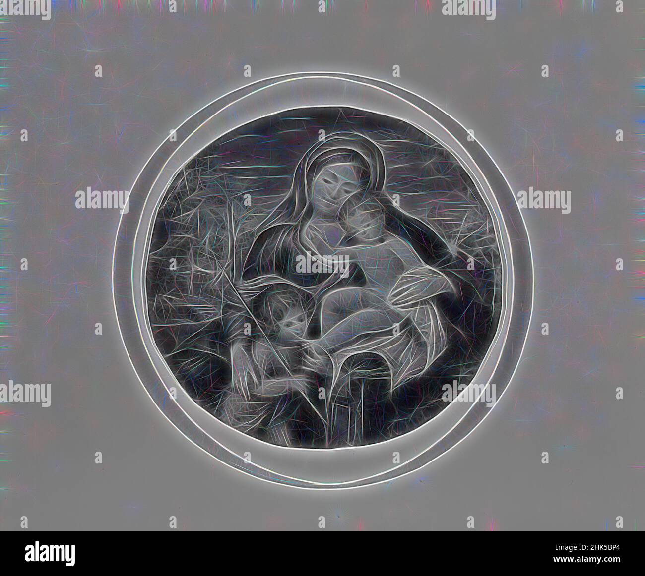 Ispirata alla miniatura di Madonna, Bambino e San Giovanni, cornice: 3 7/16 x 13/16 pollici, 8,7 x 2,1 cm, riimmaginata da Artotop. L'arte classica reinventata con un tocco moderno. Design di calda e allegra luminosità e di raggi di luce. La fotografia si ispira al surrealismo e al futurismo, abbracciando l'energia dinamica della tecnologia moderna, del movimento, della velocità e rivoluzionando la cultura Foto Stock