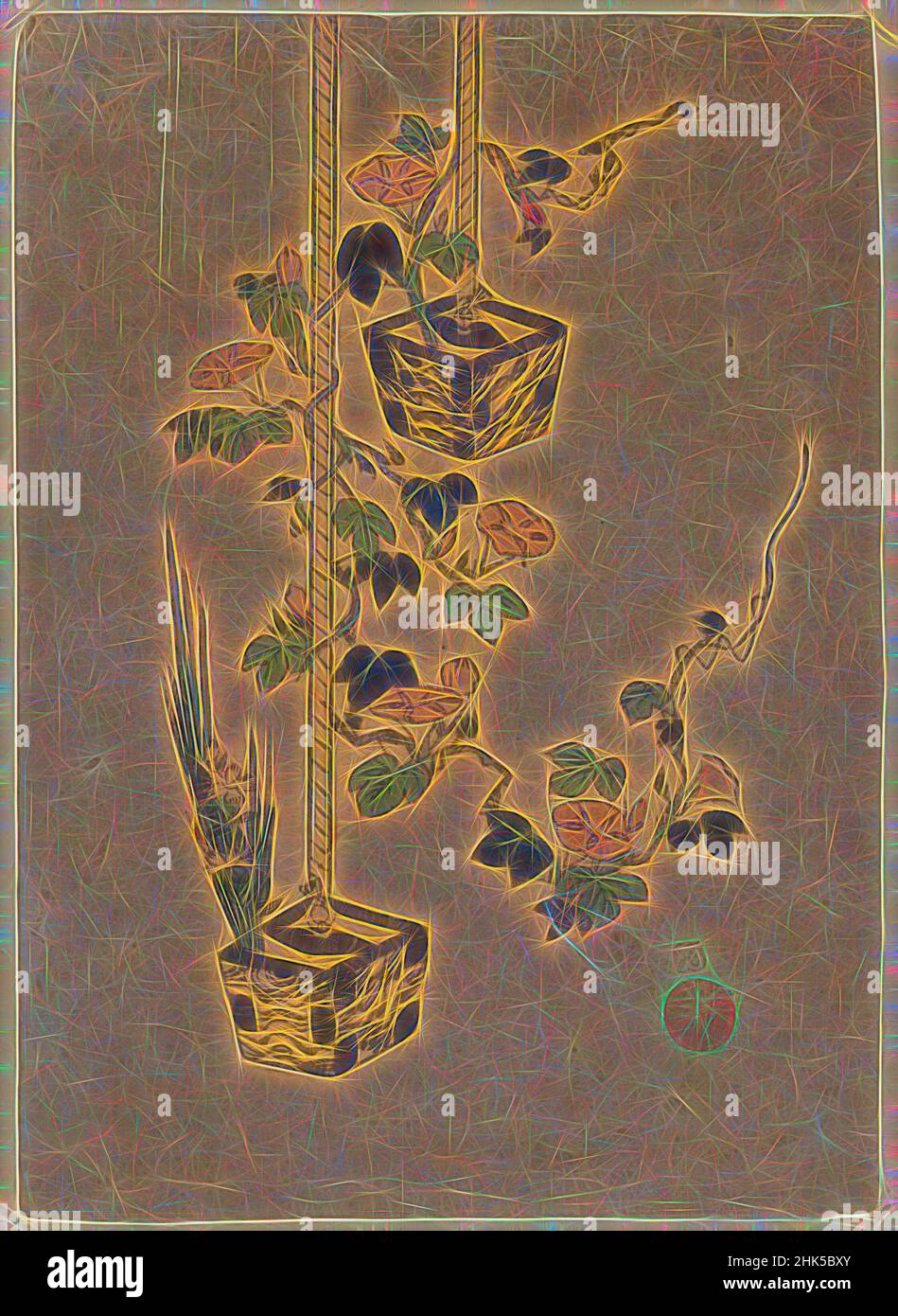 Ispirato a due scatole di fiori di legno, stampa a blocchi di legno a colori su carta, Giappone, fine 18th secolo, periodo Edo, 9 1/4 x 7 1/16 pollici, 23,5 x 18 cm, reinventato da Artotop. L'arte classica reinventata con un tocco moderno. Design di calda e allegra luminosità e di raggi di luce. La fotografia si ispira al surrealismo e al futurismo, abbracciando l'energia dinamica della tecnologia moderna, del movimento, della velocità e rivoluzionando la cultura Foto Stock