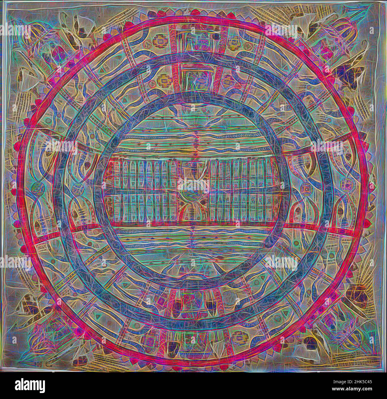 Ispirato a Cosmic Diagram, indiano, acquerello opaco su cotone, 18th secolo, foglio: 35 1/2 x 36 pollici, 90,2 x 91,4 cm, cerchio, Cosmo, cotone, Dvipas, Illuminazione, guida, Gujarat, cieli, Jain, Manushya-loka, mappa, parchesi, spirituale, Tirrha, Tirthankaras, Watercolor, reinventato da Artotop. L'arte classica reinventata con un tocco moderno. Design di calda e allegra luminosità e di raggi di luce. La fotografia si ispira al surrealismo e al futurismo, abbracciando l'energia dinamica della tecnologia moderna, del movimento, della velocità e rivoluzionando la cultura Foto Stock