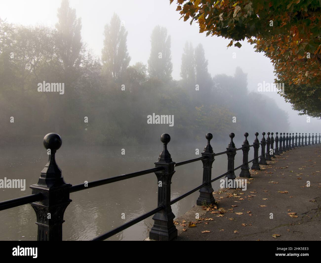 Vista del Tamigi ad Abingdon da St Helen's Wharf, un famoso luogo di bellezza vicino al fiume in una nebbia mattina d'autunno Foto Stock