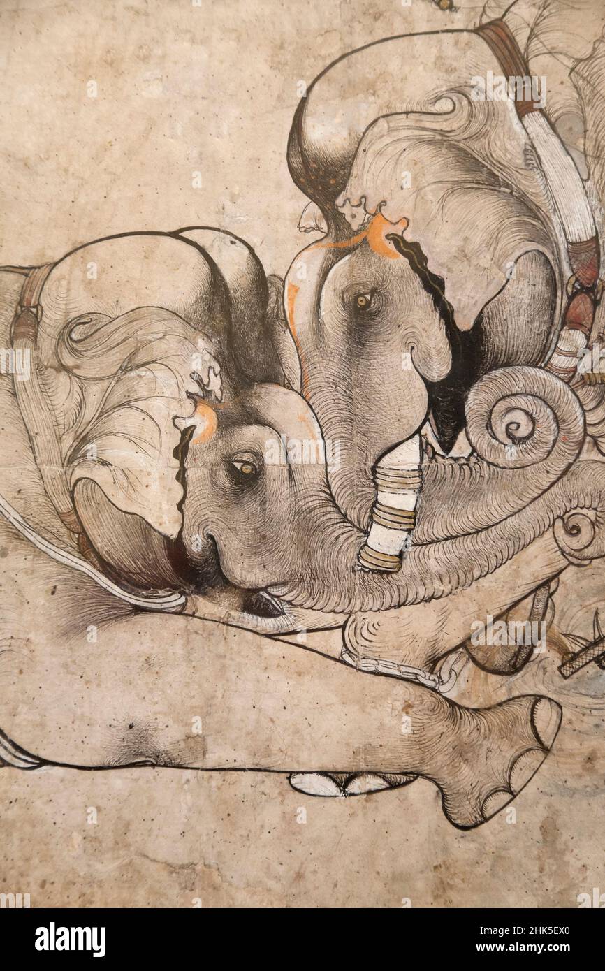Sublime pittura Mughal di elefanti che combattono nel Museo Ashmolean. Ospitando l'Università di OxfordÕs vaste collezioni di arte e antichità, il Foto Stock Sublime pittura Mughal di elefanti che combattono nel Museo Ashmolean. Ospitando l'Università di OxfordÕs vaste collezioni di arte e antichità, il Foto Stock
