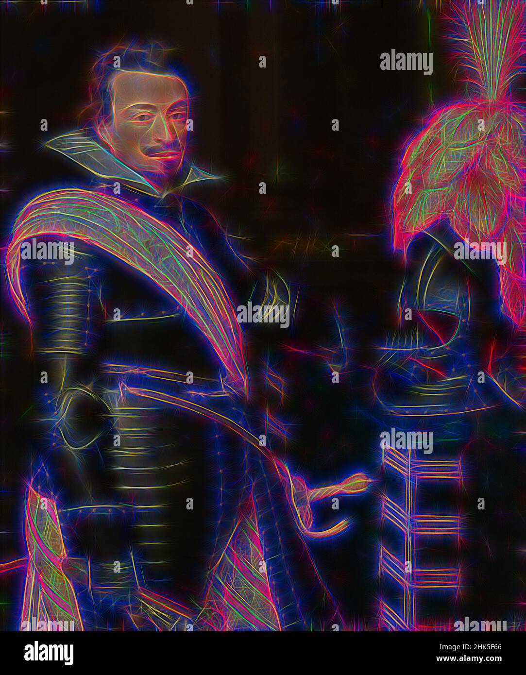 Ispirato da Ritratto di Jan III 1583-1638, Conte di Nassau-Siegen, Jan Anthonisz van Ravesteyn, e workshop, 1611, reinventato da Artotop. L'arte classica reinventata con un tocco moderno. Design di calda e allegra luminosità e di raggi di luce. La fotografia si ispira al surrealismo e al futurismo, abbracciando l'energia dinamica della tecnologia moderna, del movimento, della velocità e rivoluzionando la cultura Foto Stock