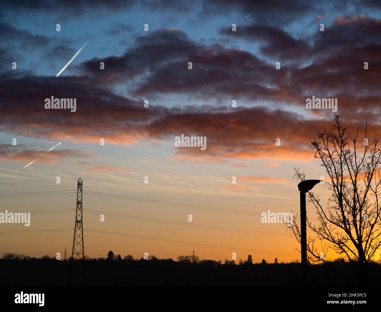 Amo i piloni elettrici; trovo le loro forme astratte e gaunt infinitamente affascinanti. Qui li vediamo in campi in Lower Radley, con la sagome della r Foto Stock