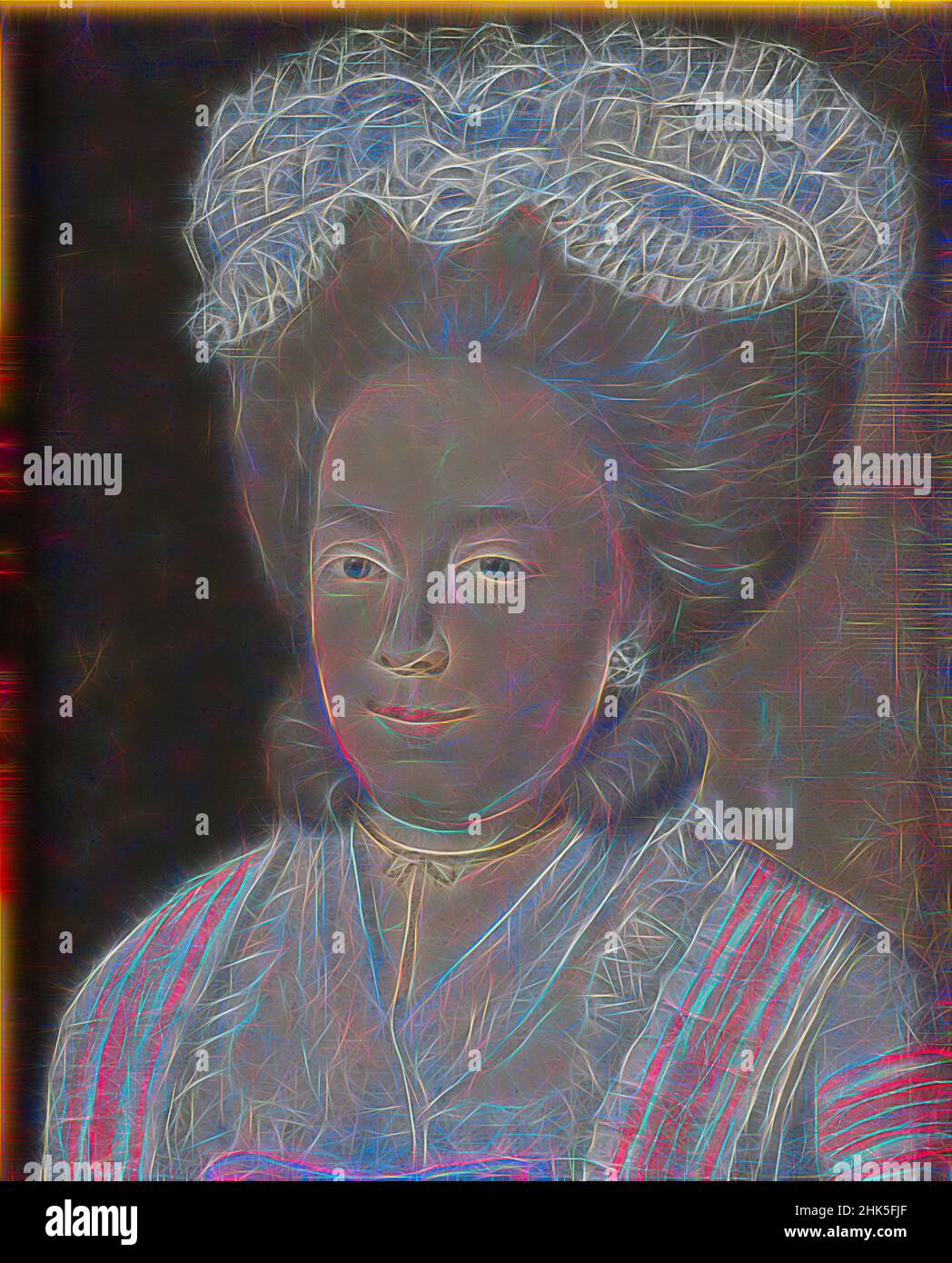 Ispirato dal Ritratto di Adriana Johanna van Heusden 1741-1800, Paesi Bassi del Nord, c.. 1780, reinventato da Artotop. L'arte classica reinventata con un tocco moderno. Design di calda e allegra luminosità e di raggi di luce. La fotografia si ispira al surrealismo e al futurismo, abbracciando l'energia dinamica della tecnologia moderna, del movimento, della velocità e rivoluzionando la cultura Foto Stock