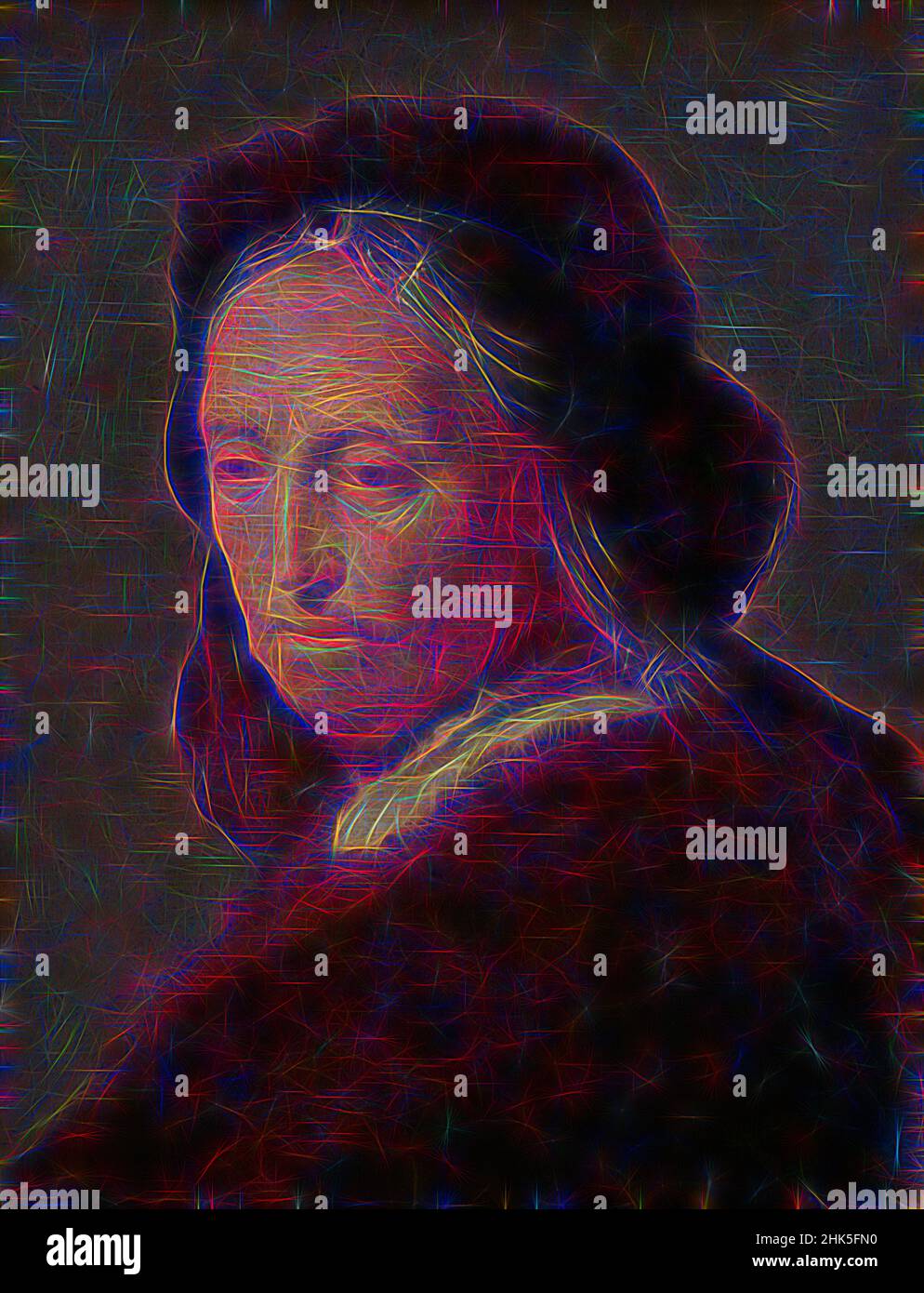 Ispirato dallo studio di una donna anziana, Rembrandt van Rijn, dopo, c.. 1600 - 1700, reinventato da Artotop. L'arte classica reinventata con un tocco moderno. Design di calda e allegra luminosità e di raggi di luce. La fotografia si ispira al surrealismo e al futurismo, abbracciando l'energia dinamica della tecnologia moderna, del movimento, della velocità e rivoluzionando la cultura Foto Stock