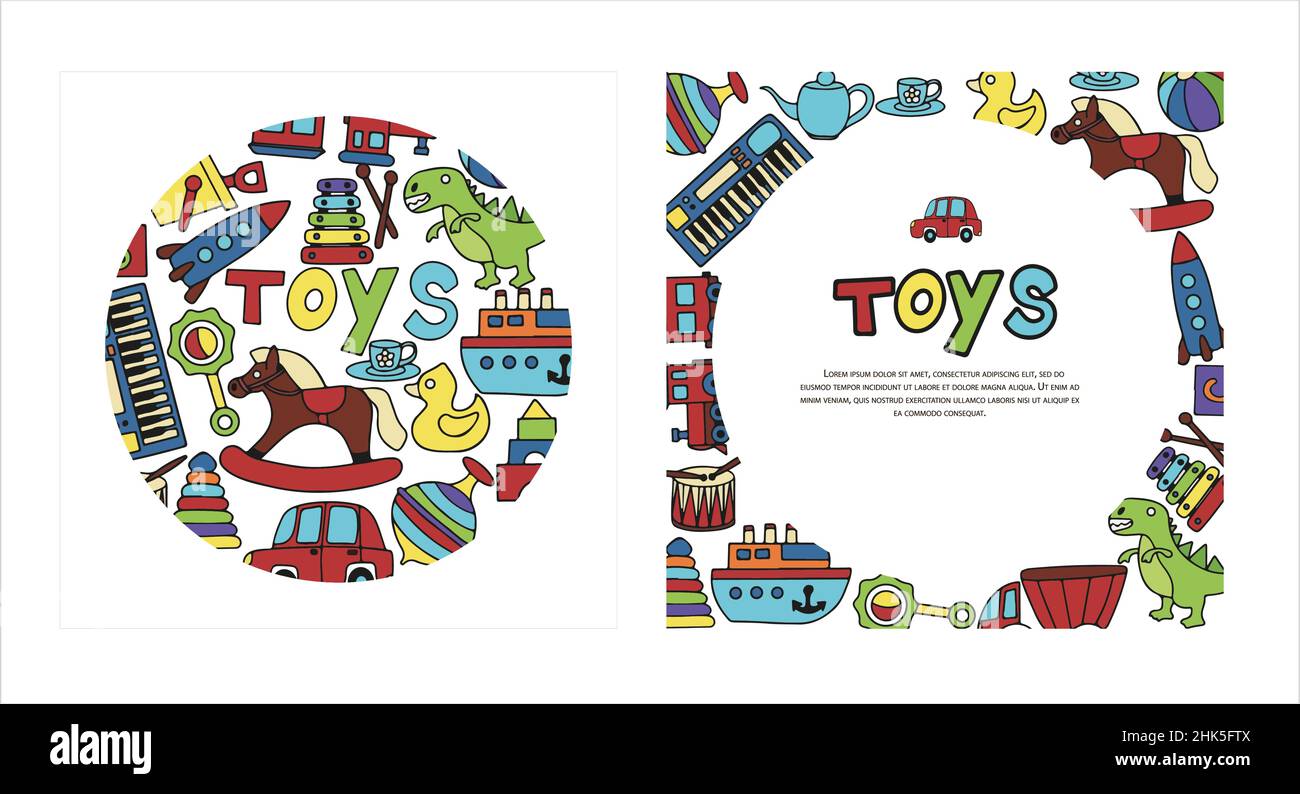 Striscioni di doodle di giocattoli vettoriali. Carte di disegno a mano con le icone dei giocattoli per l'acquazzone del bambino o scrapbook. Illustrazione carina per i bambini Illustrazione Vettoriale