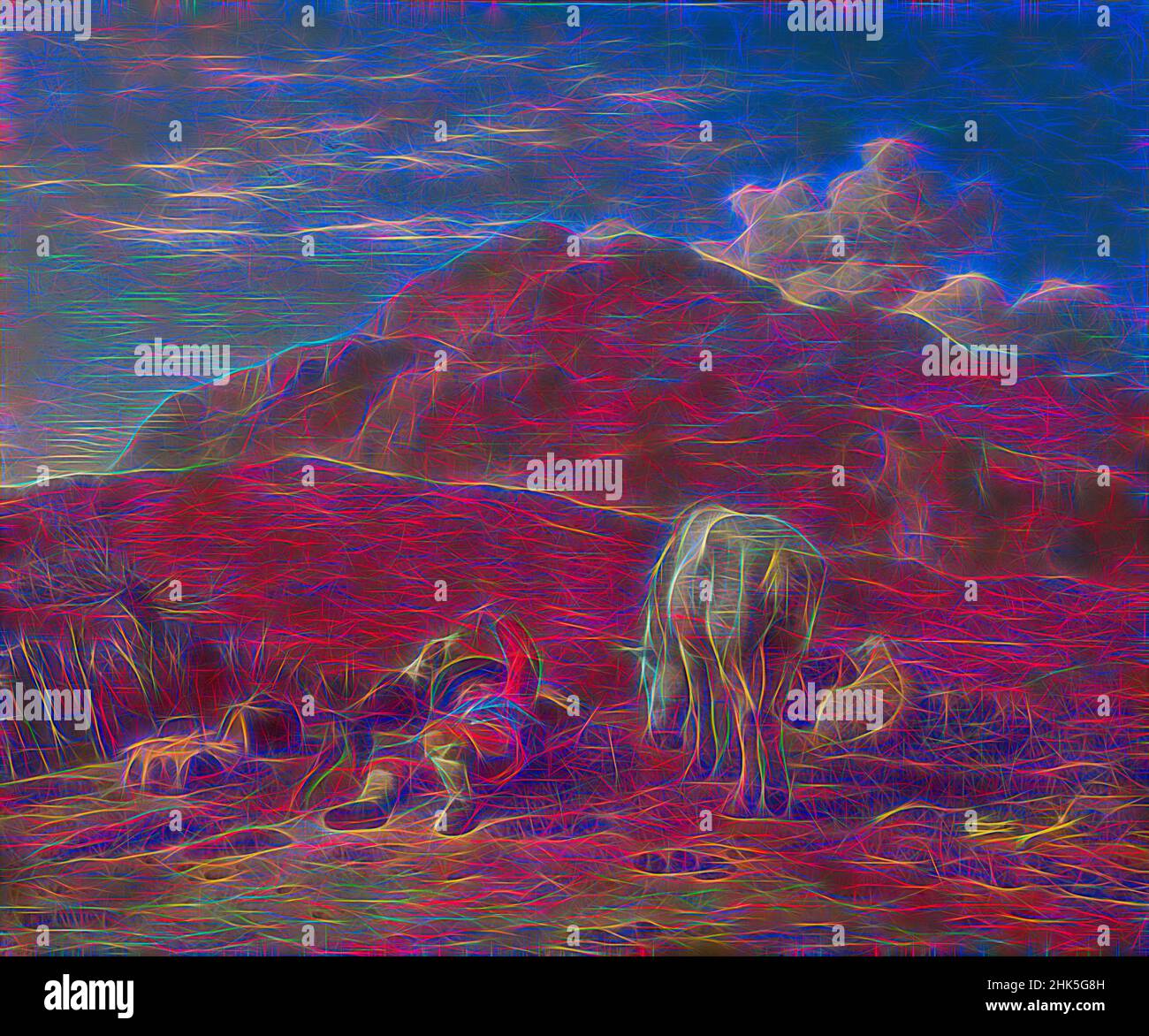 Ispirato al paesaggio italiano con un giovane pastore che gioca con il suo cane, Karel Dujardin, c.. 1660 - 1665, reinventato da Artotop. L'arte classica reinventata con un tocco moderno. Design di calda e allegra luminosità e di raggi di luce. La fotografia si ispira al surrealismo e al futurismo, abbracciando l'energia dinamica della tecnologia moderna, del movimento, della velocità e rivoluzionando la cultura Foto Stock