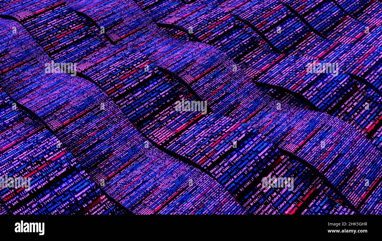 Bello sfondo ondulato in movimento in colori viola, loop senza cuciture. Animazione. Modello tecnologico con linee di codice del calcolatore Foto Stock