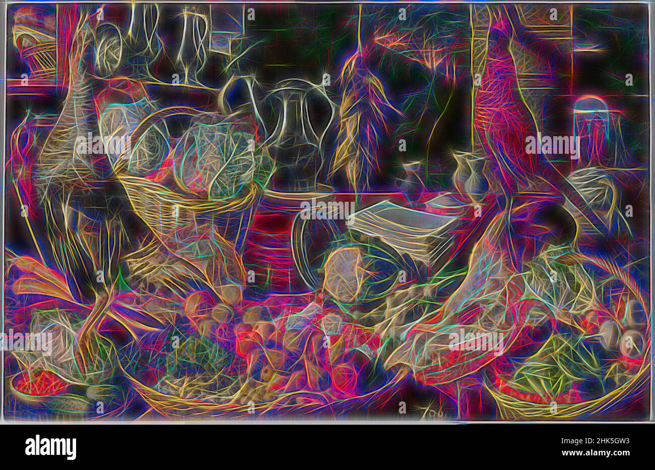 Ispirato dalla scena della cucina con Cristo e l'Emmaus, Joachim Beuckelaer, c.. 1560 - 1565, reinventato da Artotop. L'arte classica reinventata con un tocco moderno. Design di calda e allegra luminosità e di raggi di luce. La fotografia si ispira al surrealismo e al futurismo, abbracciando l'energia dinamica della tecnologia moderna, del movimento, della velocità e rivoluzionando la cultura Foto Stock