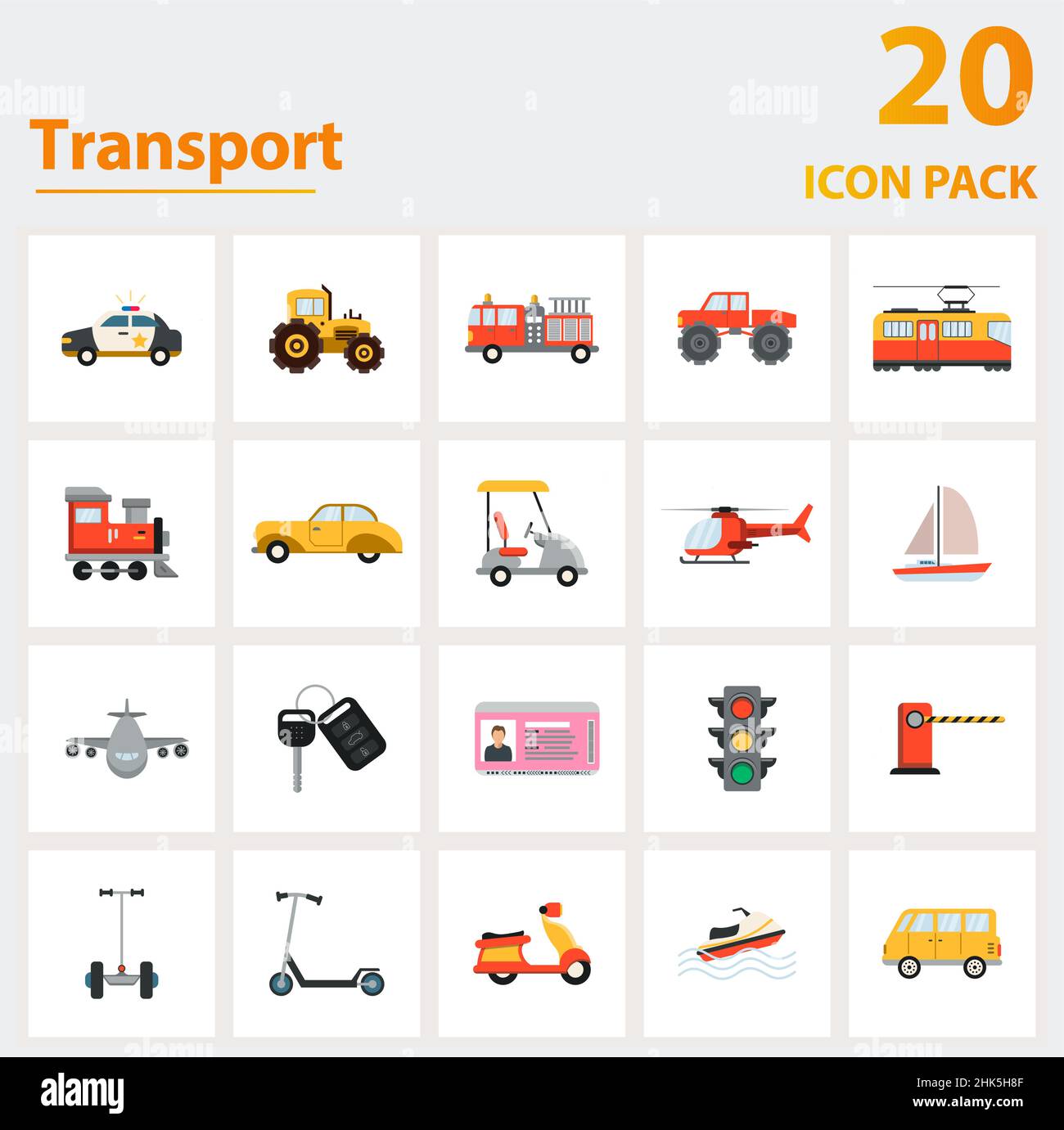 Set di icone per il trasporto. Raccolta di elementi semplici come l'auto della polizia, il trattore, il camion del fuoco, l'automobile di golf, l'elicottero, aereo, bigfoot. Illustrazione Vettoriale