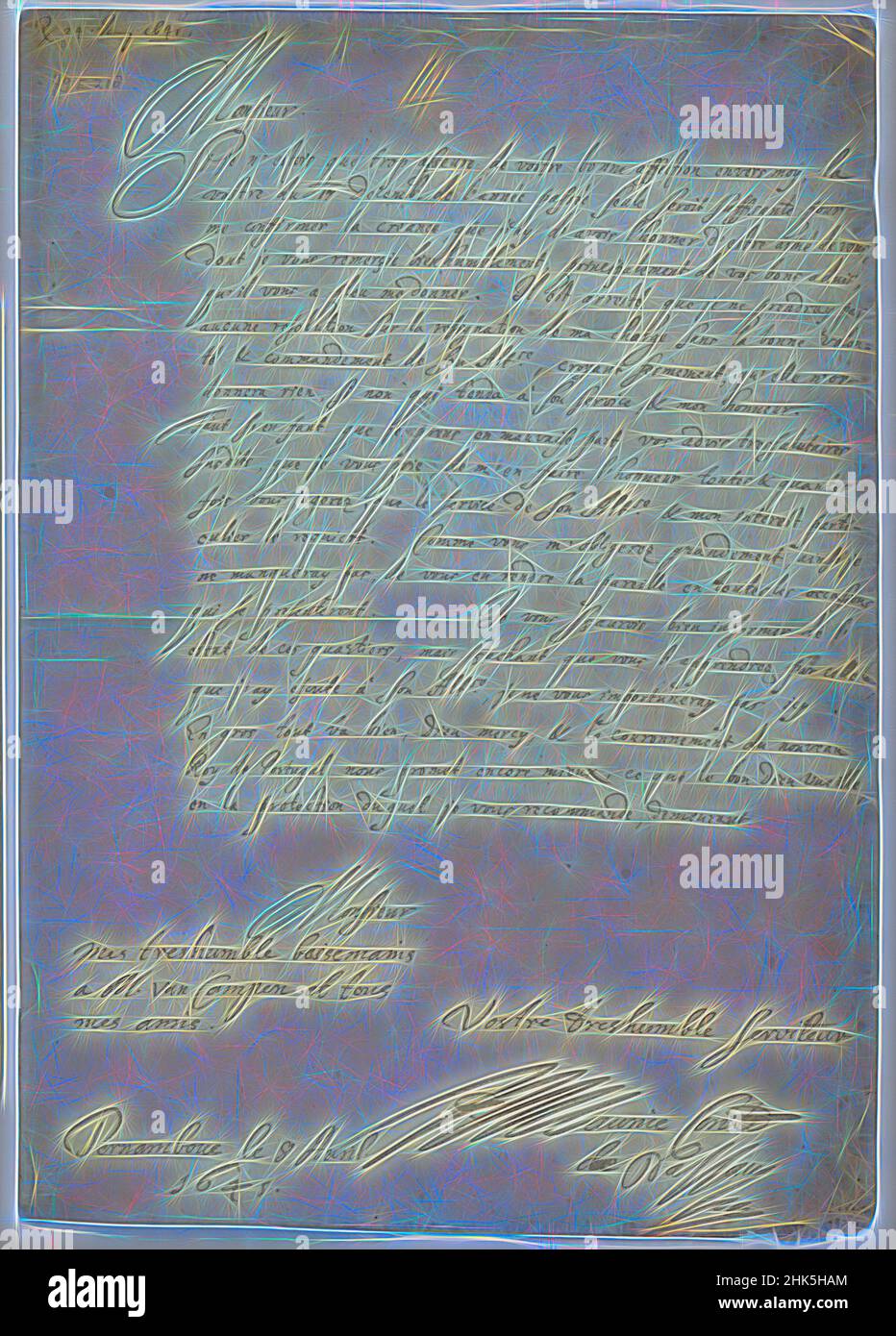 Ispirato dalla lettera di Johan Maurits a Constantijn Huygens, Johan Maurits van Nassau-Siegen, 1641, reinventato da Artotop. L'arte classica reinventata con un tocco moderno. Design di calda e allegra luminosità e di raggi di luce. La fotografia si ispira al surrealismo e al futurismo, abbracciando l'energia dinamica della tecnologia moderna, del movimento, della velocità e rivoluzionando la cultura Foto Stock