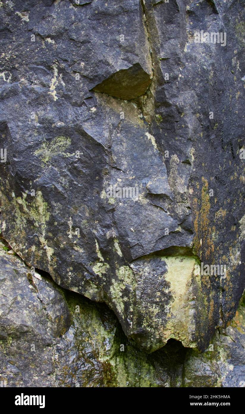 Forme e cicatrici in una superficie rocciosa attraverso anni di erosione che assomiglia a un volto umano, Peak District, Inghilterra, Regno Unito Foto Stock