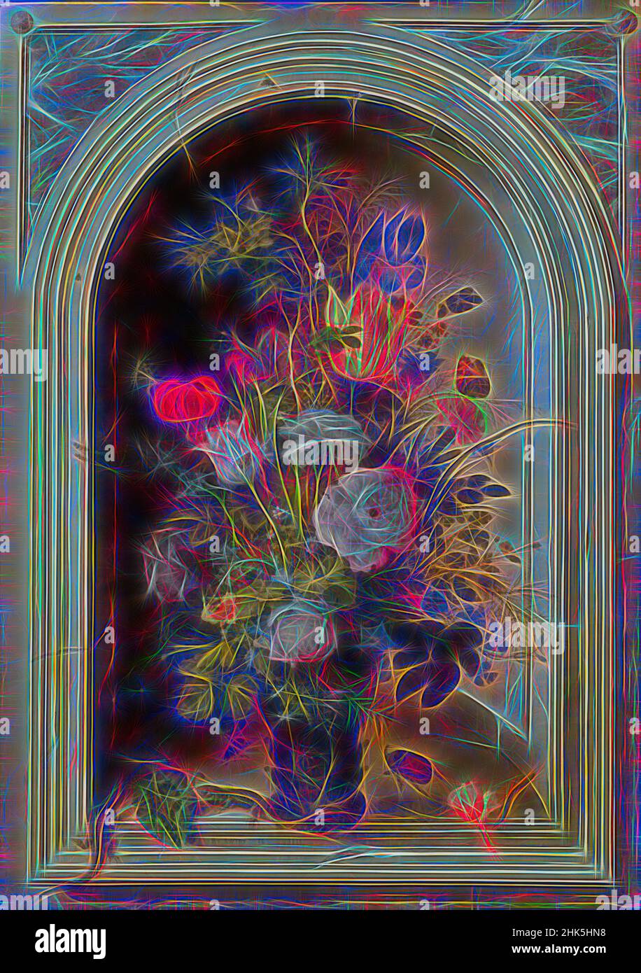 Ispirato da vaso di fiori in una nicchia di pietra, Roelant Savery, 1615, reinventato da Artotop. L'arte classica reinventata con un tocco moderno. Design di calda e allegra luminosità e di raggi di luce. La fotografia si ispira al surrealismo e al futurismo, abbracciando l'energia dinamica della tecnologia moderna, del movimento, della velocità e rivoluzionando la cultura Foto Stock