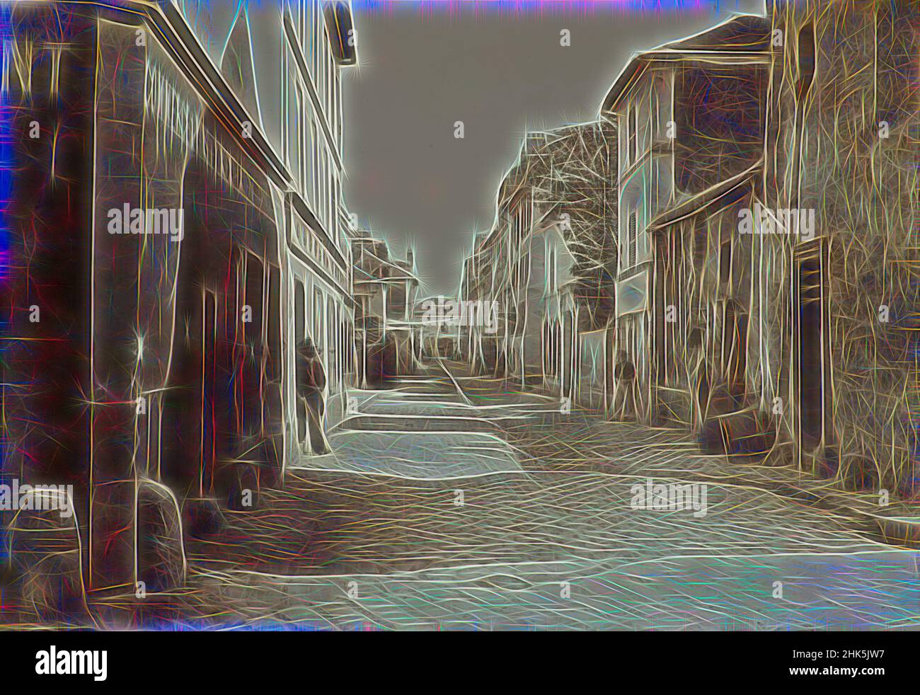 Ispirato da Rue de Lourcine, Charles Marville, francese, 1813–1879, circa 1865, Albumen Print, Parigi, Île-de-France, Francia, Europa, Fotografie, immagine: 9 15/16 x 14 9/16 pollici (25,2 x 37 cm, riimmaginato da Artotop. L'arte classica reinventata con un tocco moderno. Design di calda e allegra luminosità e di raggi di luce. La fotografia si ispira al surrealismo e al futurismo, abbracciando l'energia dinamica della tecnologia moderna, del movimento, della velocità e rivoluzionando la cultura Foto Stock