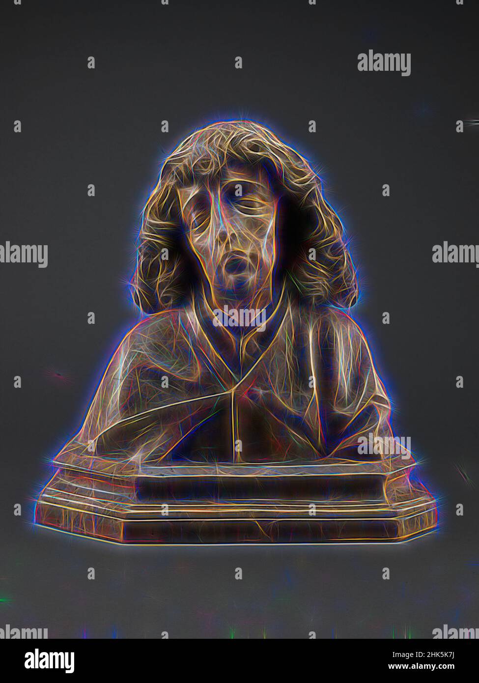 Ispirato da San Giovanni Evangelista, tedesco, c.1500, legno con tracce di pigmento, fabbricato a Norimberga, Germania, Europa, scultura, 13 x 13 1/4 x 6 13/16 poll. (33 x 33,7 x 17,3 cm, reinventato da Artotop. L'arte classica reinventata con un tocco moderno. Design di calda e allegra luminosità e di raggi di luce. La fotografia si ispira al surrealismo e al futurismo, abbracciando l'energia dinamica della tecnologia moderna, del movimento, della velocità e rivoluzionando la cultura Foto Stock