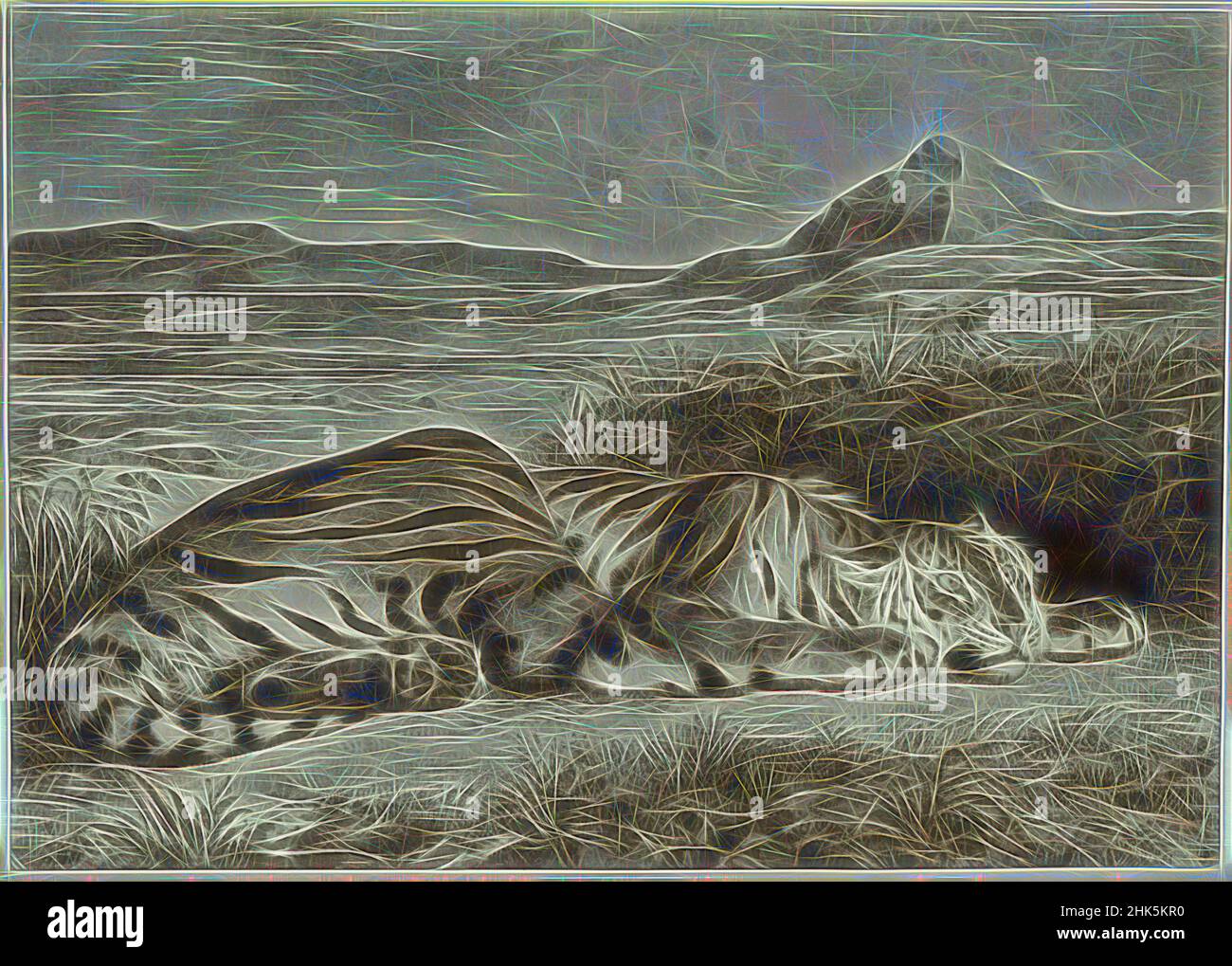 Ispirato da Royal Tiger, Eugène Delacroix, francese, 1798–1863, 1829, Litografia, stampe, immagine: 12 15/16 x 18 1/4 pollici (32,9 x 46,4 cm, riimmaginato da Artotop. L'arte classica reinventata con un tocco moderno. Design di calda e allegra luminosità e di raggi di luce. La fotografia si ispira al surrealismo e al futurismo, abbracciando l'energia dinamica della tecnologia moderna, del movimento, della velocità e rivoluzionando la cultura Foto Stock