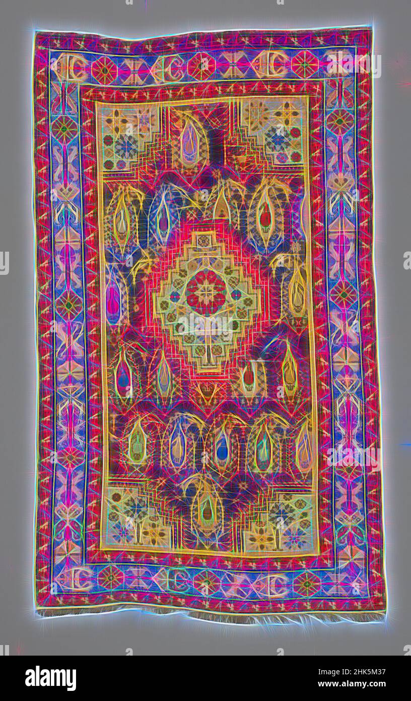 Ispirato da Baku 'Surahani' Carpet con Medallion Centrale e Boteh su Blue Ground, transcaucasica, fine 19th secolo, lana, fabbricato in Baku, Baki, Caucaso, Azerbaigian, Asia, coperture & hangings, tessuti, 67 x 39 poll. (170,2 x 99,1 cm, riimmaginato da Artotop. L'arte classica reinventata con un tocco moderno. Design di calda e allegra luminosità e di raggi di luce. La fotografia si ispira al surrealismo e al futurismo, abbracciando l'energia dinamica della tecnologia moderna, del movimento, della velocità e rivoluzionando la cultura Foto Stock