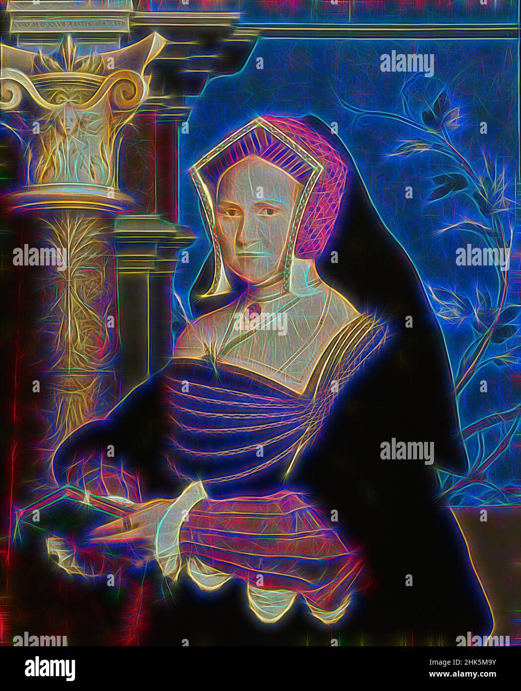 Ispirato da Mary, Lady Guildford, Hans Holbein il giovane, tedesco, 1497/98–1543, Lady Mary Wooten Guildford, inglese, c.1490–c.1527, 1527, olio su pannello, Made in England, Europe, dipinti, 34 1/4 x 27 13/16 pollici (87 x 70,6 cm, riimmaginato da Artotop. L'arte classica reinventata con un tocco moderno. Design di calda e allegra luminosità e di raggi di luce. La fotografia si ispira al surrealismo e al futurismo, abbracciando l'energia dinamica della tecnologia moderna, del movimento, della velocità e rivoluzionando la cultura Foto Stock