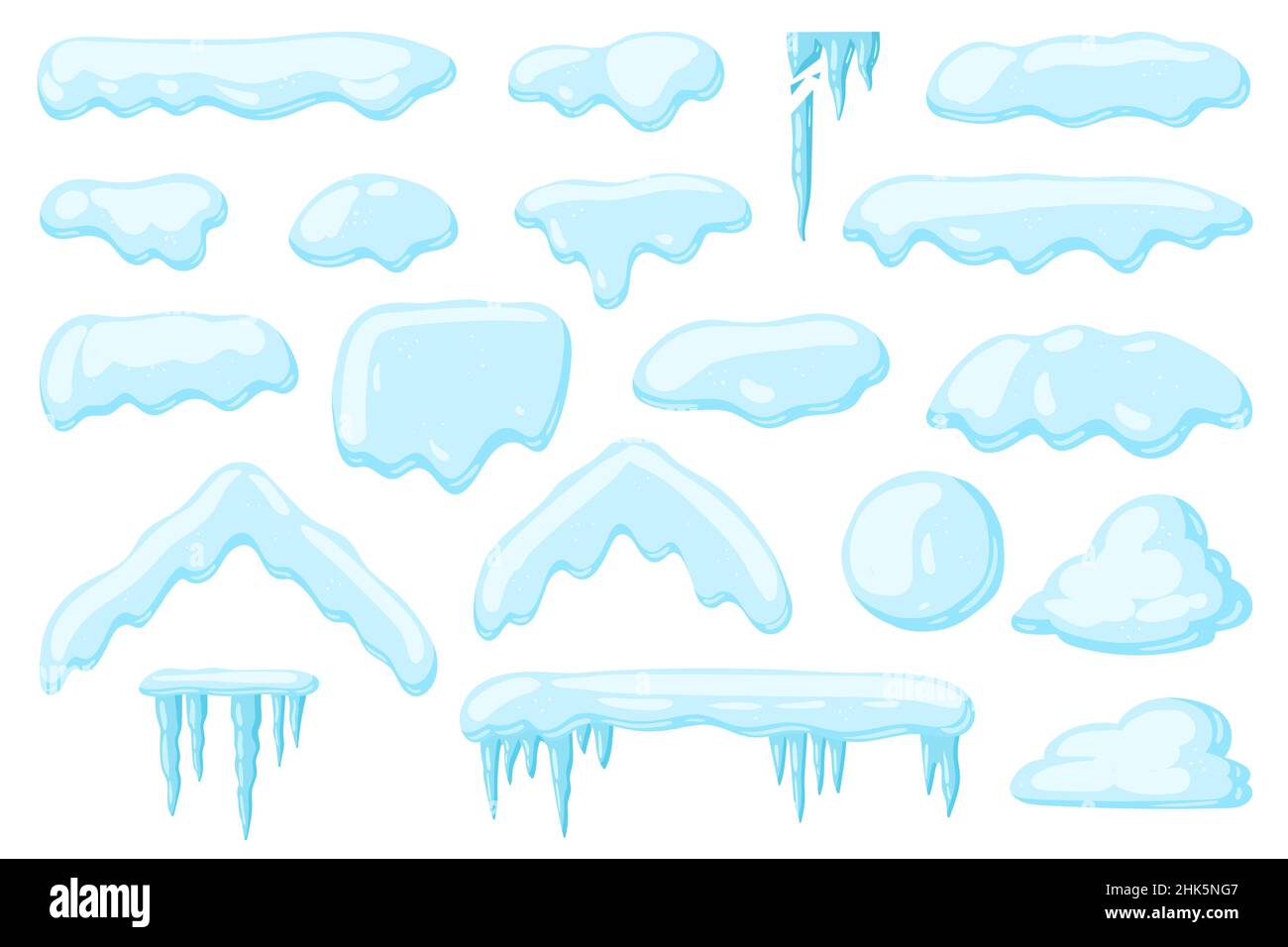 Set vettoriale di calotte da neve, cumuli, ciclicine, palla di neve e ciuffi di neve. Elementi stagionali, decorazioni invernali, trame di neve, tetti nella neve. Illustrazione vettoriale isolata su sfondo bianco. Illustrazione Vettoriale