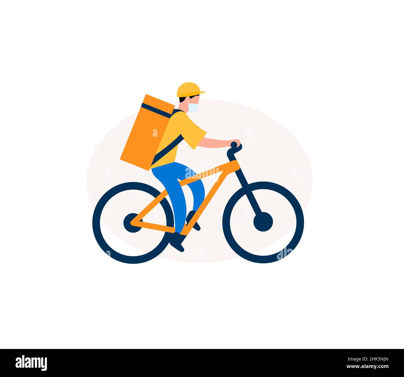 Uomo consegna cibo su una bici elettrica. Corriere con sacco a mangiare in bicicletta. Grafica per il servizio di consegna. Illustrazione vettoriale. Illustrazione Vettoriale