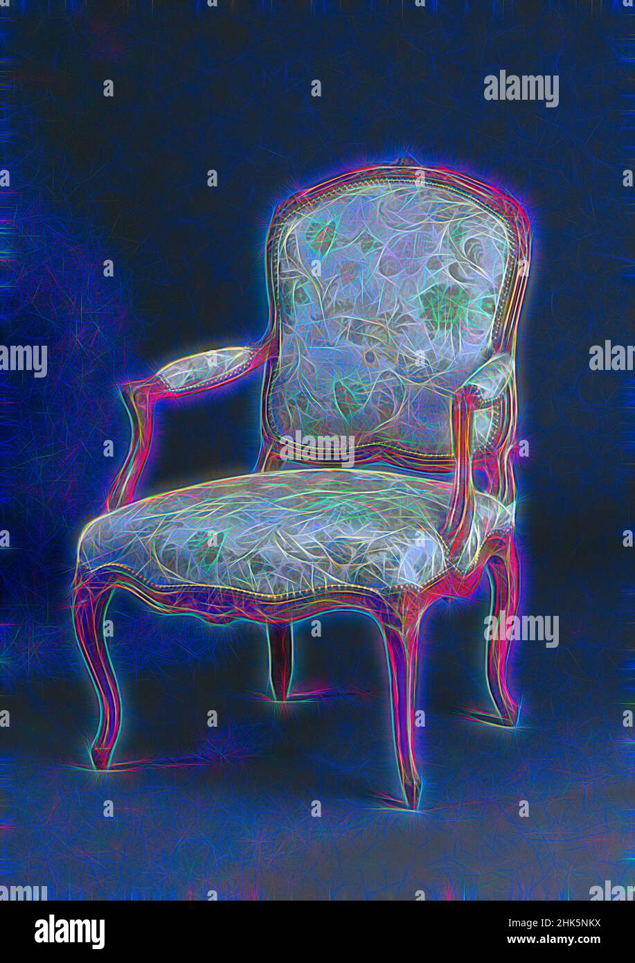 Ispirato da poltrona, Claude-Etienne Michard, francese, 1732–1794, c.1760–65, Faggio con rivestimento in broccato di seta di riproduzione, fabbricato a Parigi, Île-de-France, Francia, Europa, Mobili, 36 1/2 x 26 x 23 pollici (92,7 x 66 x 58,4 cm, reinventato da Artotop. L'arte classica reinventata con un tocco moderno. Design di calda e allegra luminosità e di raggi di luce. La fotografia si ispira al surrealismo e al futurismo, abbracciando l'energia dinamica della tecnologia moderna, del movimento, della velocità e rivoluzionando la cultura Foto Stock