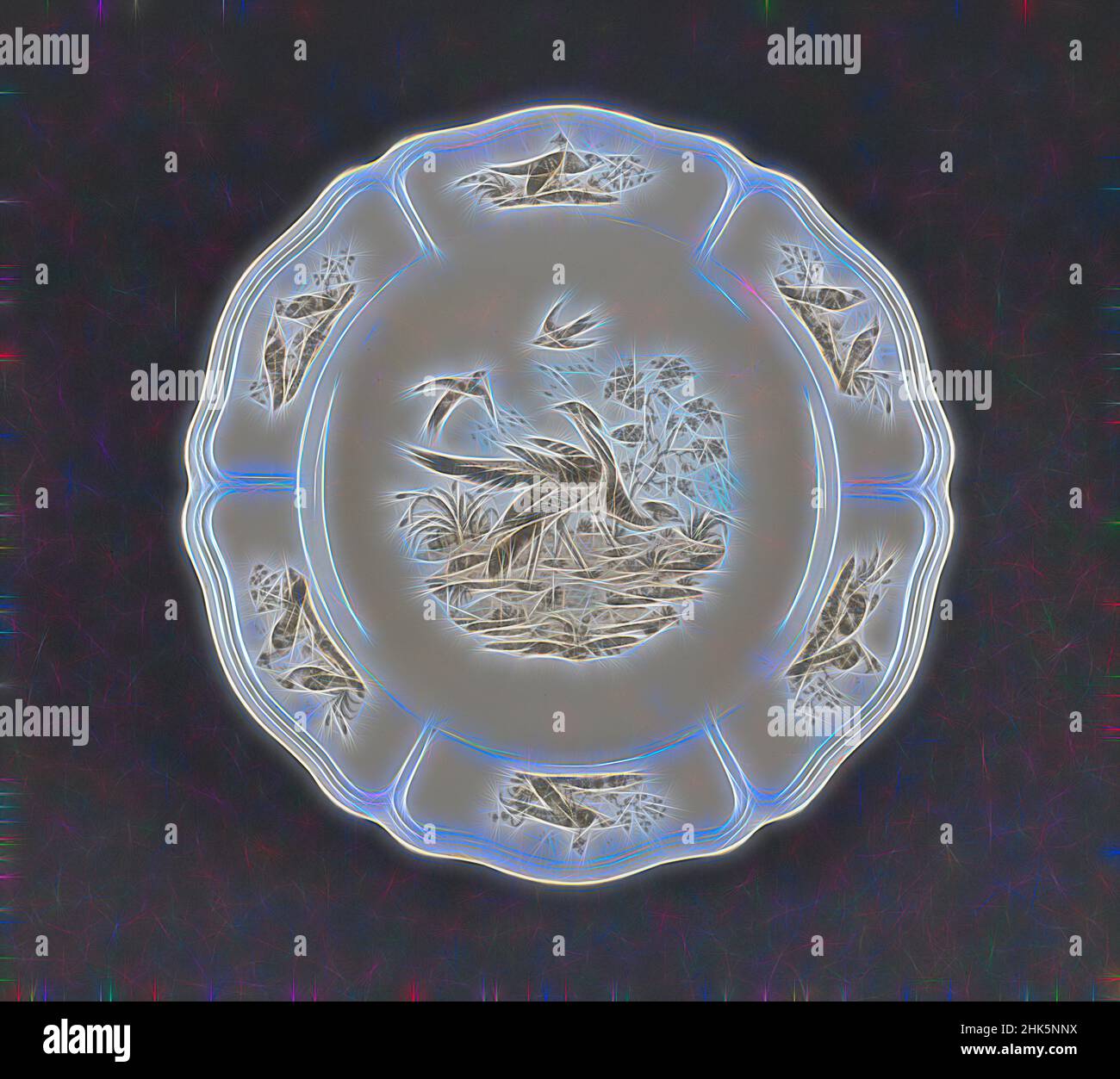 Ispirato da piatto, inglese, c.1775, terracotta vetrata con decorazione transfer-printed, made in Staffordshire, England, Europe, Ceramica, 1 x 10 1/8 poll. (2,5 x 25,7 cm, riimmaginato da Artotop. L'arte classica reinventata con un tocco moderno. Design di calda e allegra luminosità e di raggi di luce. La fotografia si ispira al surrealismo e al futurismo, abbracciando l'energia dinamica della tecnologia moderna, del movimento, della velocità e rivoluzionando la cultura Foto Stock