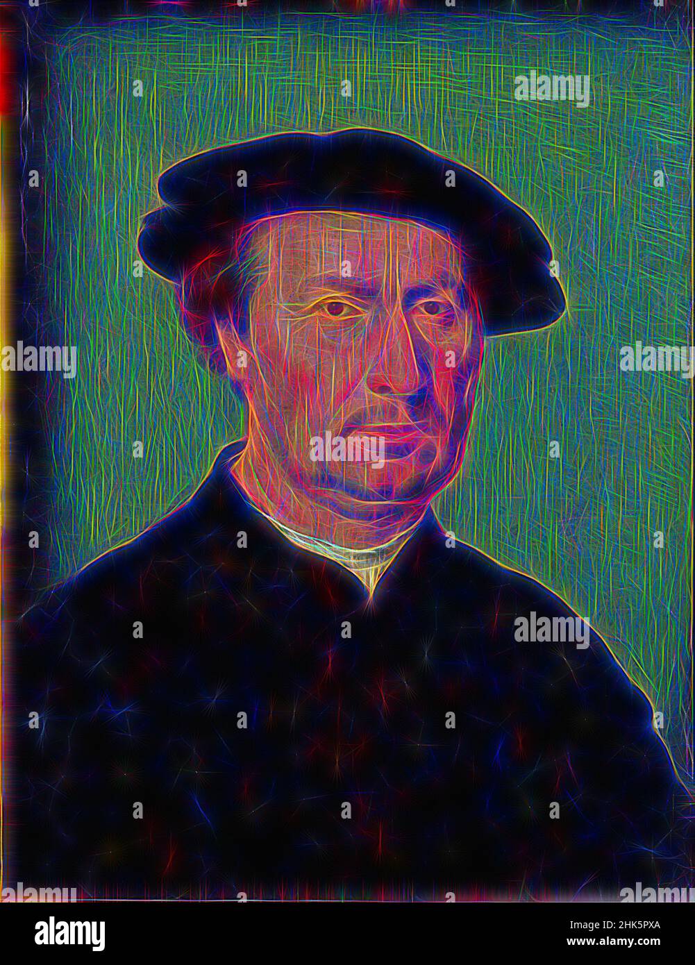 Ispirato da Ritratto di un uomo, Corneille de Lyon, Netherlandish (Francia attiva), 1500/10–1575, 16th secolo, Olio su pannello, made in France, Europe, dipinti, 7 5/8 x 5 1/2 poll. (19,4 x 14 cm, riimmaginato da Artotop. L'arte classica reinventata con un tocco moderno. Design di calda e allegra luminosità e di raggi di luce. La fotografia si ispira al surrealismo e al futurismo, abbracciando l'energia dinamica della tecnologia moderna, del movimento, della velocità e rivoluzionando la cultura Foto Stock