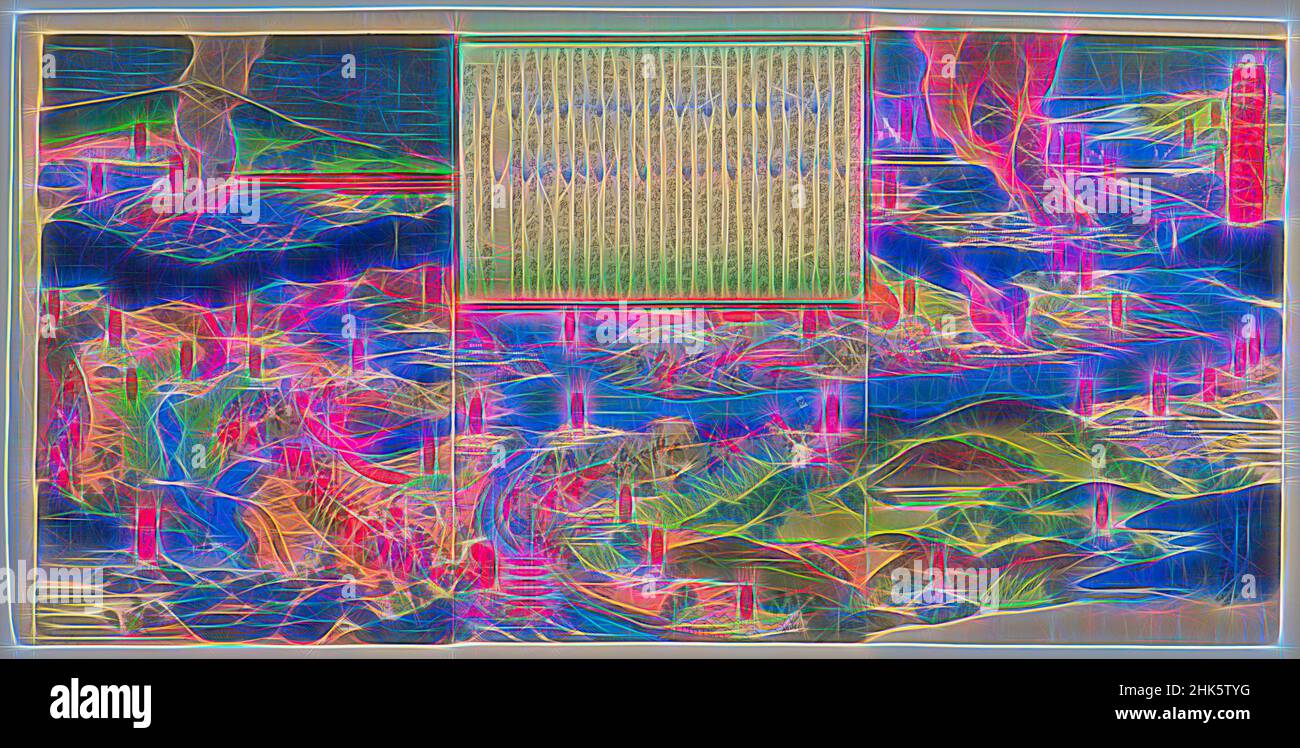 Ispirato alla Grande battaglia di Yamazaki, Utagawa Sadahiro II, giapponese, 1840–1910, periodo Meiji, 1868–1912, 1868, trittico di stampe a blocchi di legno a colori, fabbricato ad Osaka, Giappone, Asia, stampe, triptico montato: 14 3/4 x 29 1/2 poll. (37,5 x 74,9 cm, riimmaginato da Artotop. L'arte classica reinventata con un tocco moderno. Design di calda e allegra luminosità e di raggi di luce. La fotografia si ispira al surrealismo e al futurismo, abbracciando l'energia dinamica della tecnologia moderna, del movimento, della velocità e rivoluzionando la cultura Foto Stock