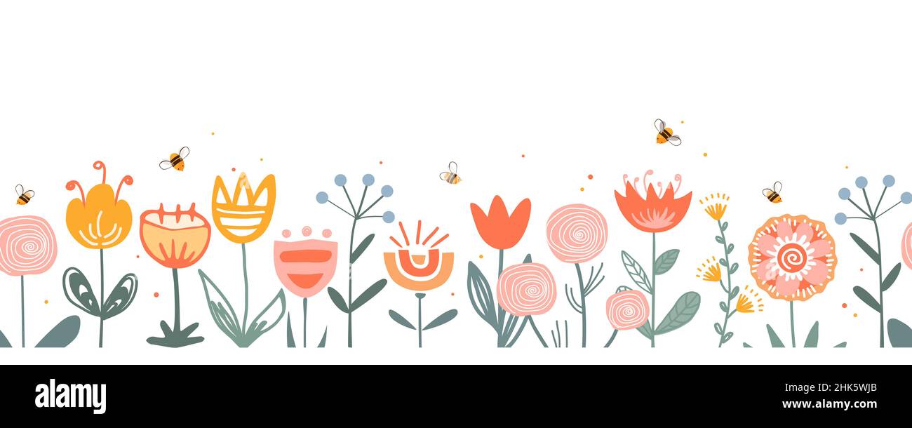 Fiaba bordo fiori, senza cuciture vettore pattern. Ripetizione libertà germogli fiore prato sfondo. Stile folk scandinavo. Per tessuto, carte Illustrazione Vettoriale