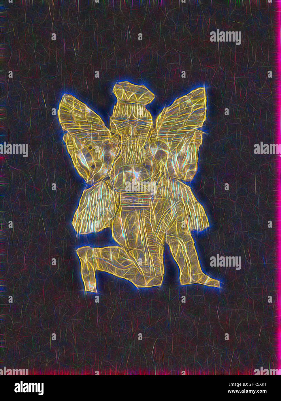 Ispirati da due applicazioni in forma di geniette alate, Near Eastern, Mesopotamian, Assyrian, Neo-Assyrian, 883–612 a.C., 7th sec. a.C., Oro, Ziwiye, provincia del Kurdistan, Iran, Asia, lavorazione dei metalli, altezza: 1 3/4 poll. (4,4 cm, riimmaginato da Artotop. L'arte classica reinventata con un tocco moderno. Design di calda e allegra luminosità e di raggi di luce. La fotografia si ispira al surrealismo e al futurismo, abbracciando l'energia dinamica della tecnologia moderna, del movimento, della velocità e rivoluzionando la cultura Foto Stock