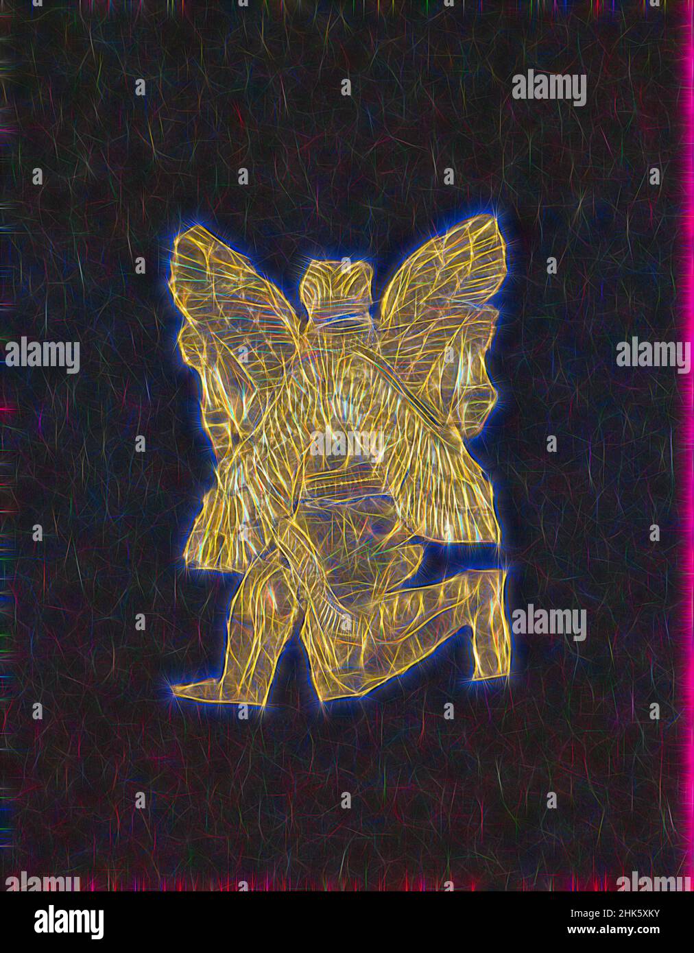 Ispirato da Appliqué sotto forma di genio alare, Near Eastern, Mesopotamian, Assyrian, Neo-Assyrian periodo, 883–612 a.C., 7th sec. a.C., Oro, Ziwiye, provincia del Kurdistan, Iran, Asia, scultura, 1 11/16 poll. (4,3 cm, riimmaginato da Artotop. L'arte classica reinventata con un tocco moderno. Design di calda e allegra luminosità e di raggi di luce. La fotografia si ispira al surrealismo e al futurismo, abbracciando l'energia dinamica della tecnologia moderna, del movimento, della velocità e rivoluzionando la cultura Foto Stock