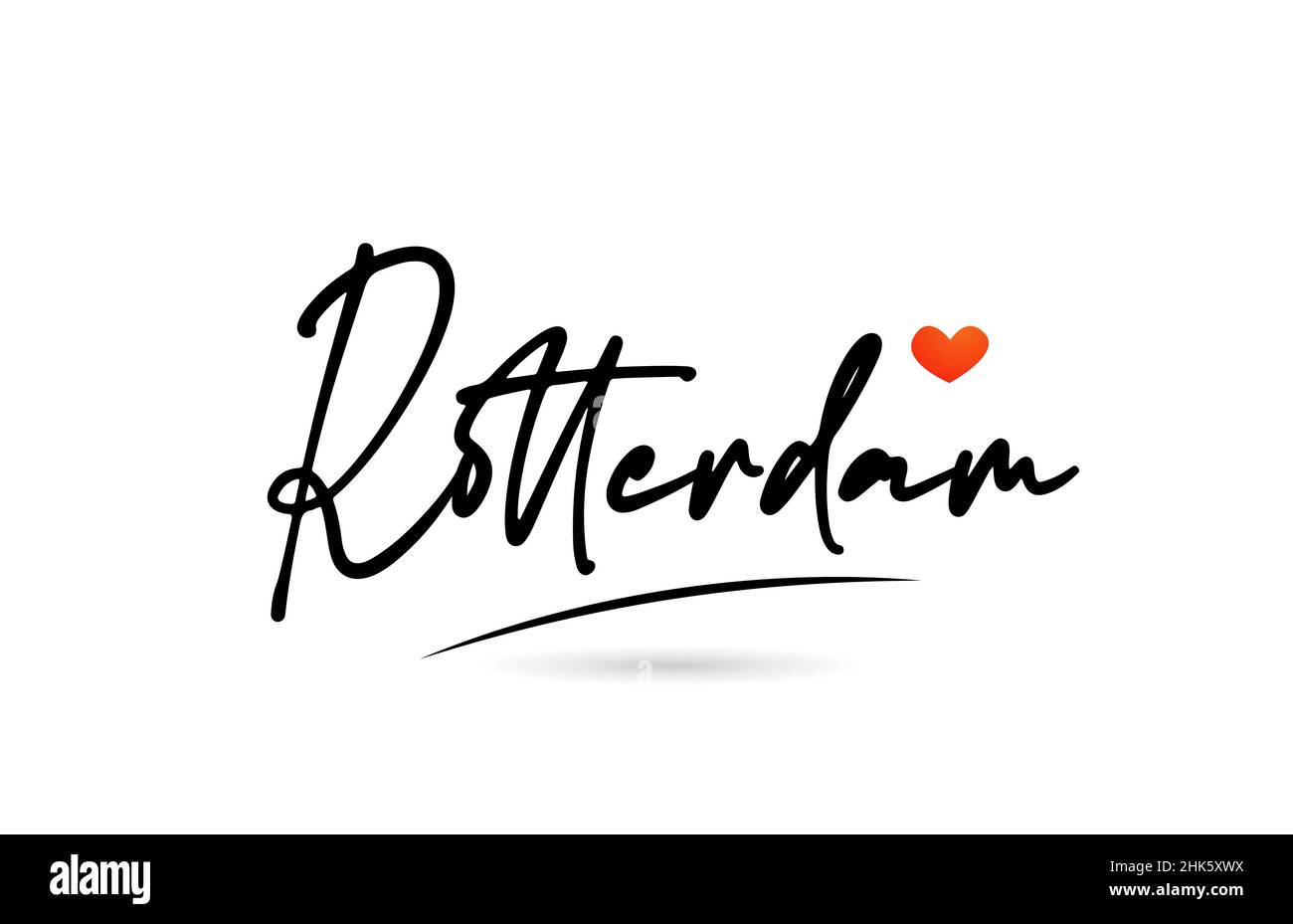 Testo della città di Rotterdam con design rosso Love Heart. Tipografia disegno dell'icona scritto a mano Illustrazione Vettoriale