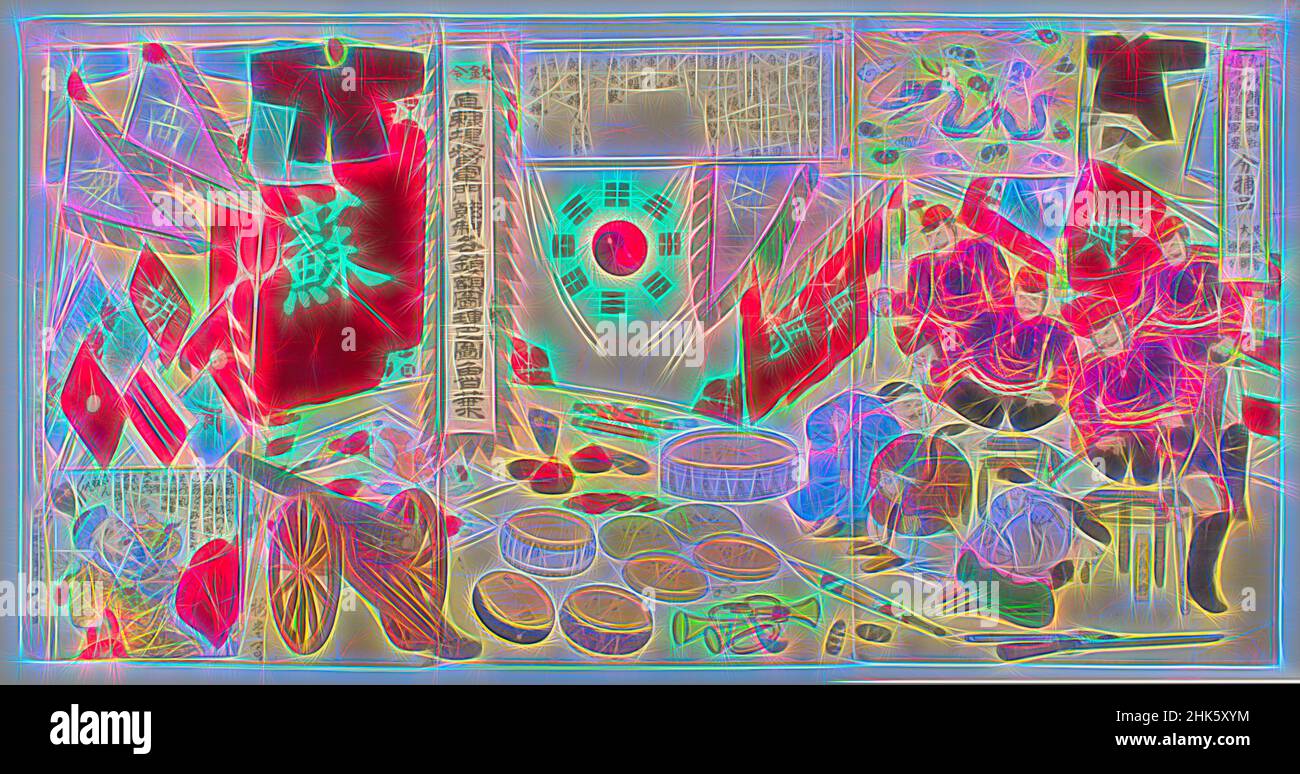 Ispirato da Booty degli attrezzi cinesi della guerra esposti sui terreni del Santuario di Yasukuni a Kudan e vari generi di artiglieria inutilizzata, Utagawa Kunimasa IV, giapponese, 1848–1920, periodo Meiji, 1868–1912, Murakami Toyojirō, giapponese, attivo alla fine del 19th secolo, 1894, trittico di legno colorato, reinventato da Artotop. L'arte classica reinventata con un tocco moderno. Design di calda e allegra luminosità e di raggi di luce. La fotografia si ispira al surrealismo e al futurismo, abbracciando l'energia dinamica della tecnologia moderna, del movimento, della velocità e rivoluzionando la cultura Foto Stock